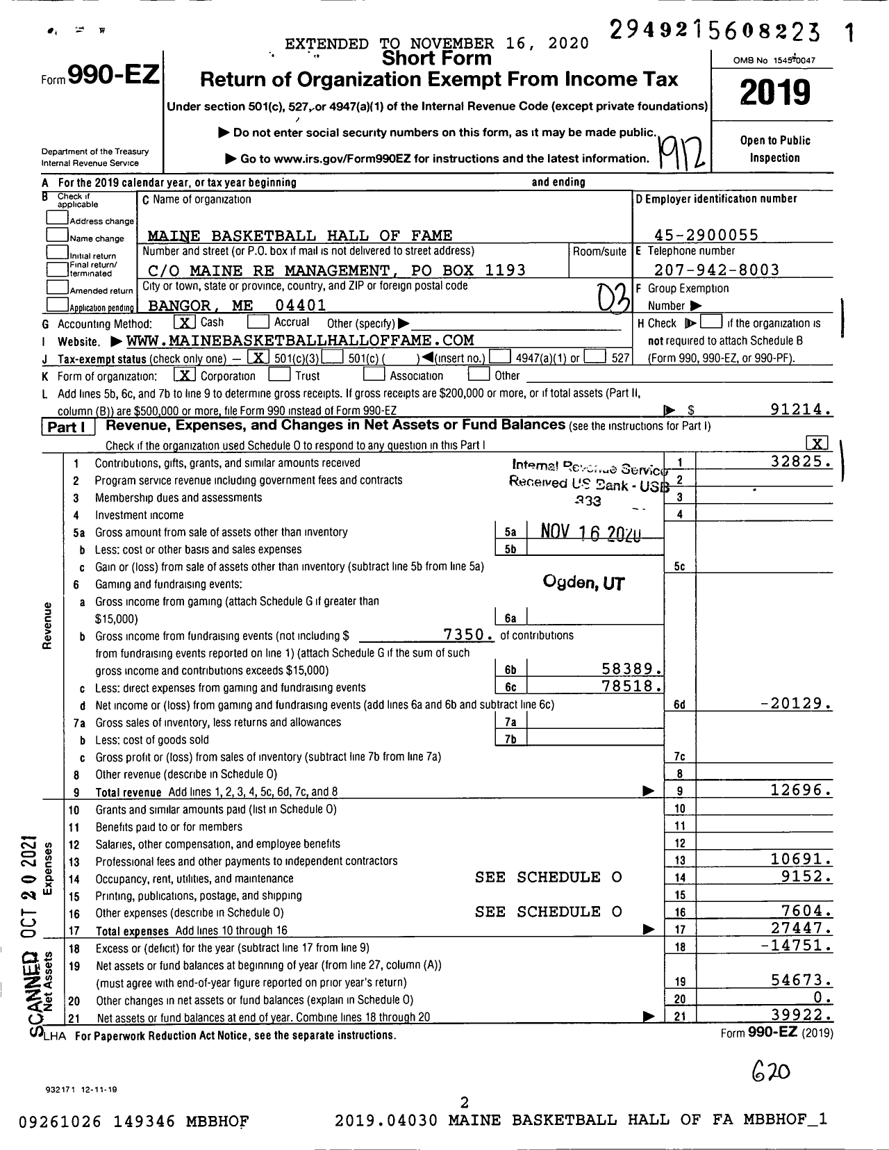 Image of first page of 2019 Form 990EZ for Maine Basketball Hall of Fame