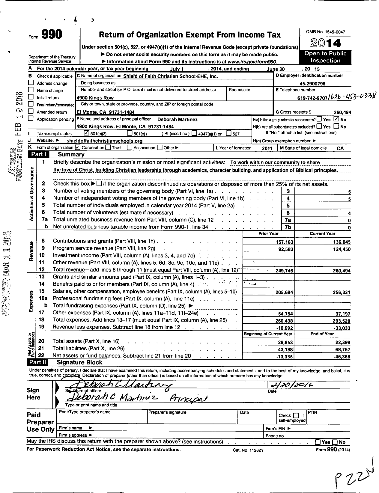 Image of first page of 2014 Form 990 for Shield of Faith Christian School-Ehe