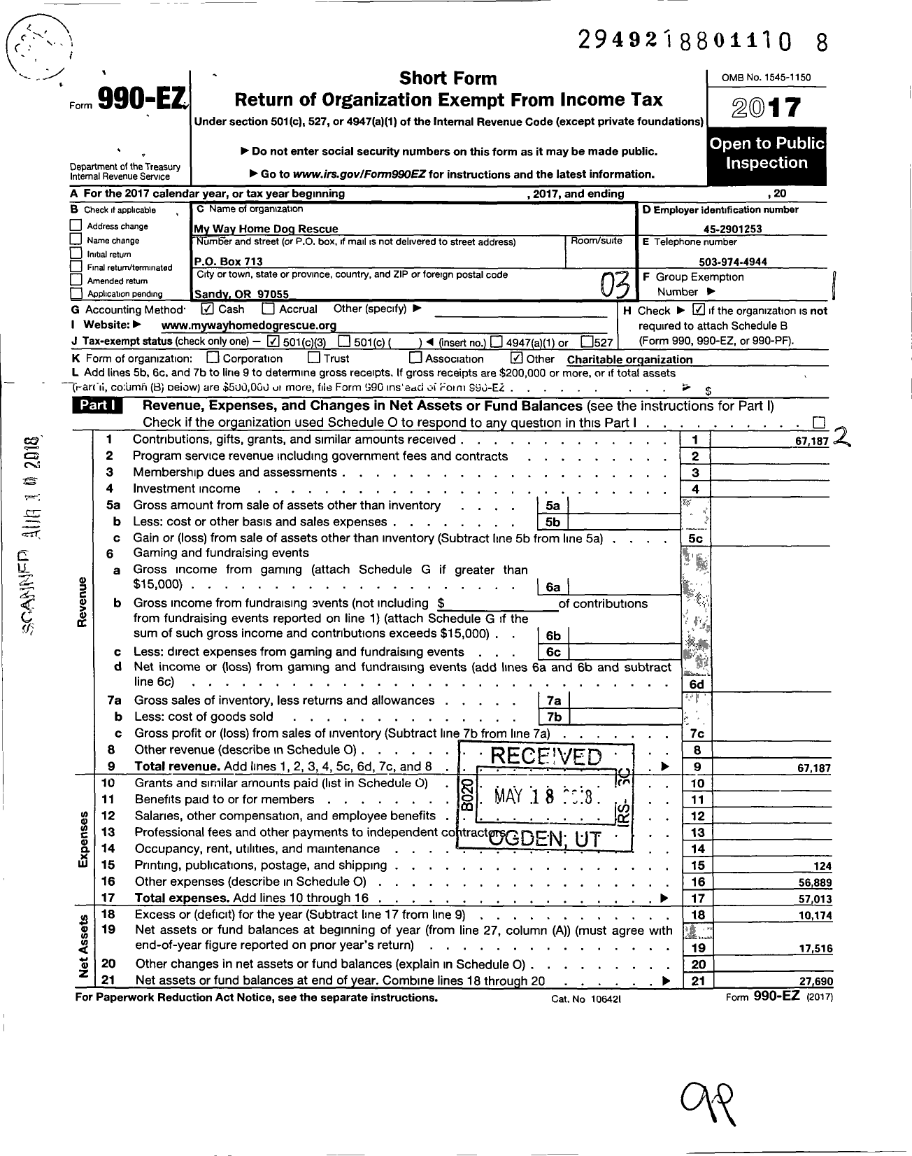 Image of first page of 2017 Form 990EZ for My Way Home Dog Rescue