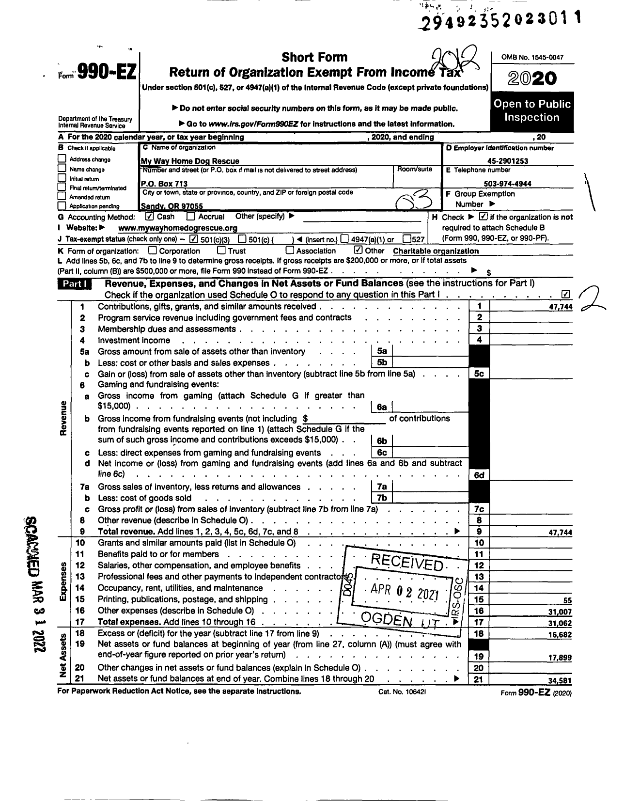 Image of first page of 2020 Form 990EZ for My Way Home Dog Rescue