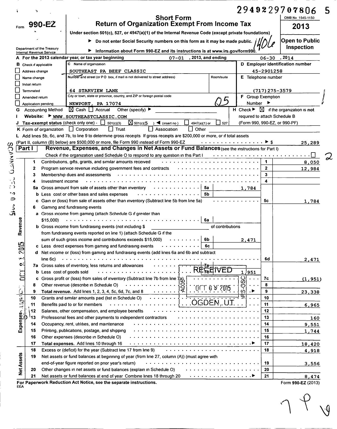 Image of first page of 2013 Form 990EO for Southeast Pa Beef Classic (SEPBC)