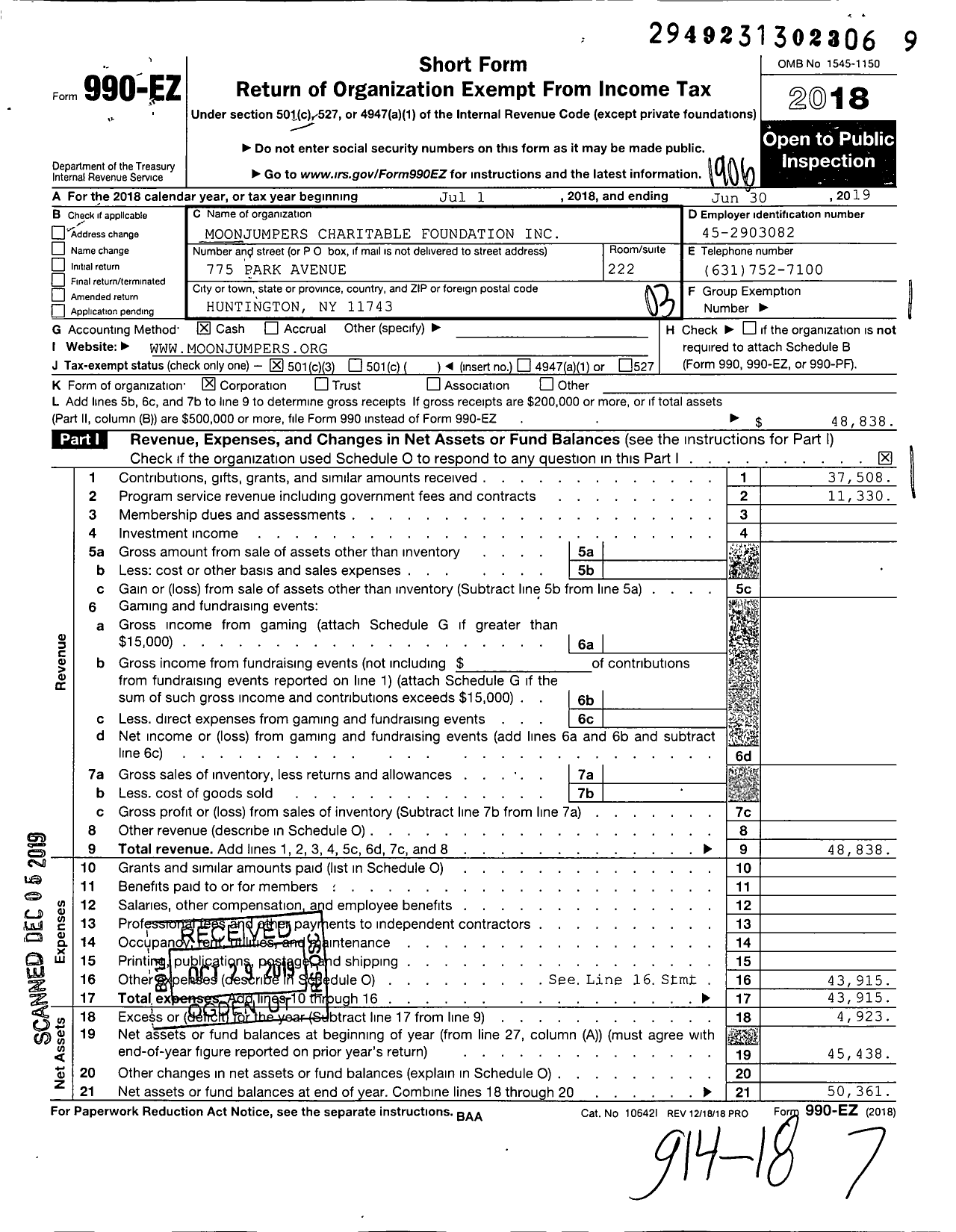 Image of first page of 2018 Form 990EZ for Moonjumpers Charitable Foundation