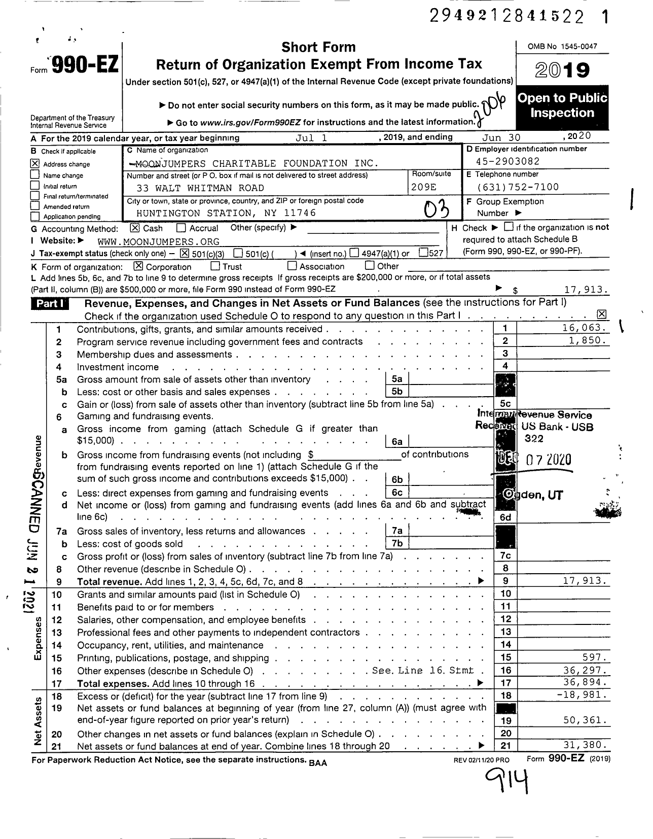 Image of first page of 2019 Form 990EZ for Moonjumpers Charitable Foundation