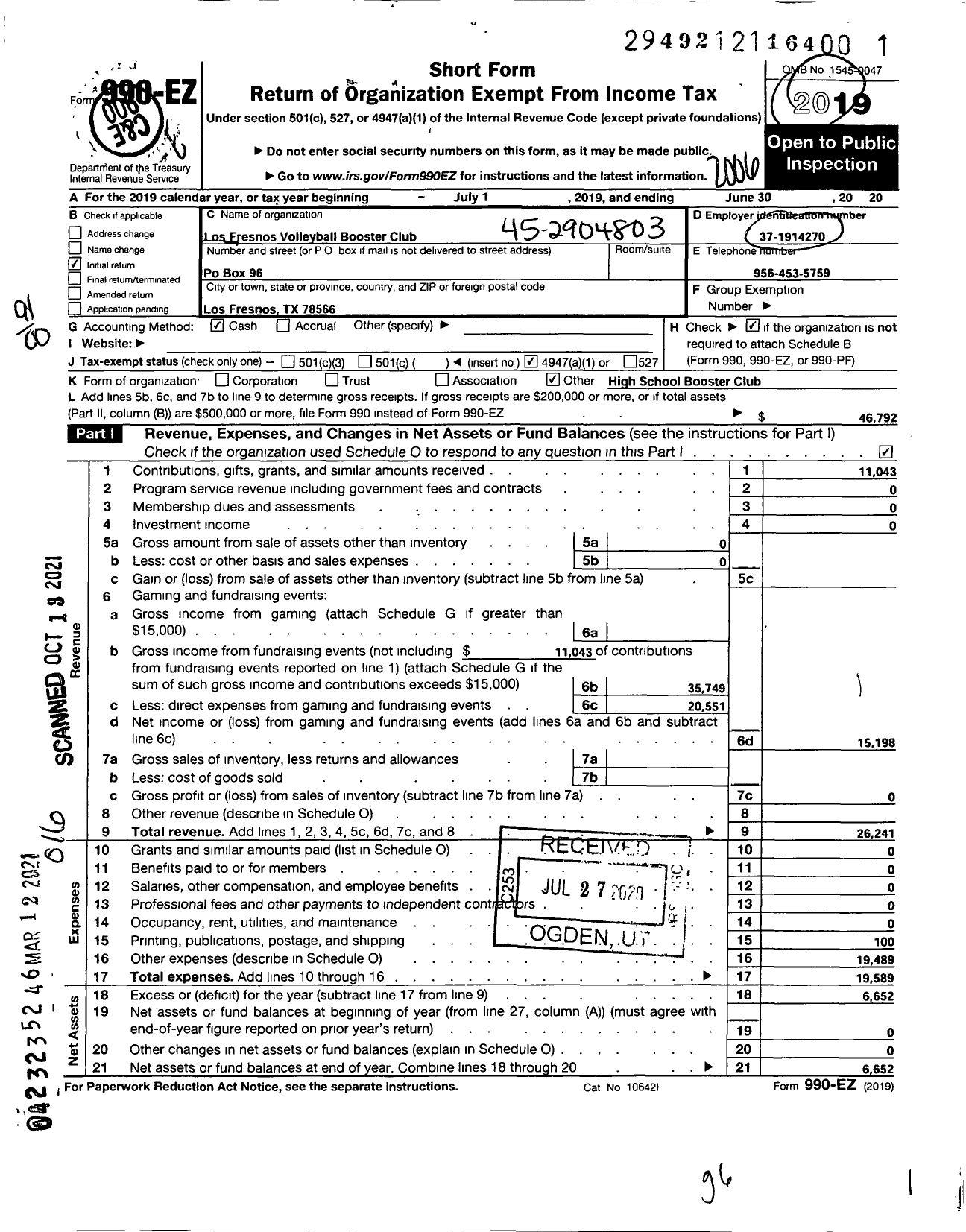 Image of first page of 2019 Form 990EO for Los Fresnos Volleyball Booster Club