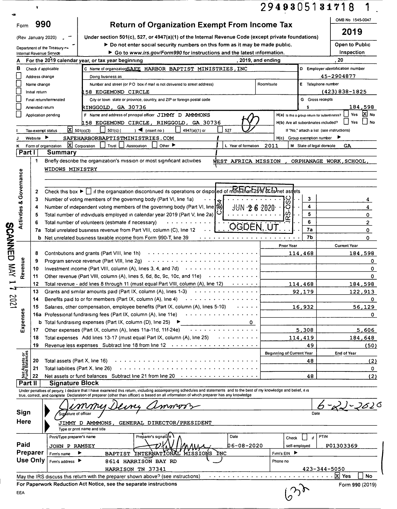 Image of first page of 2019 Form 990 for Safe Harbor Baptist Ministries