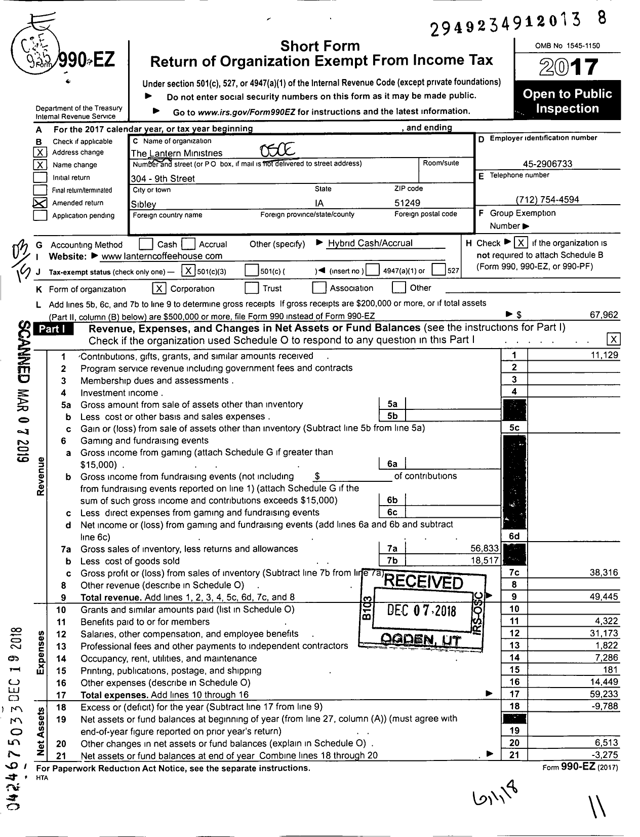 Image of first page of 2017 Form 990EZ for The Lantern Ministries