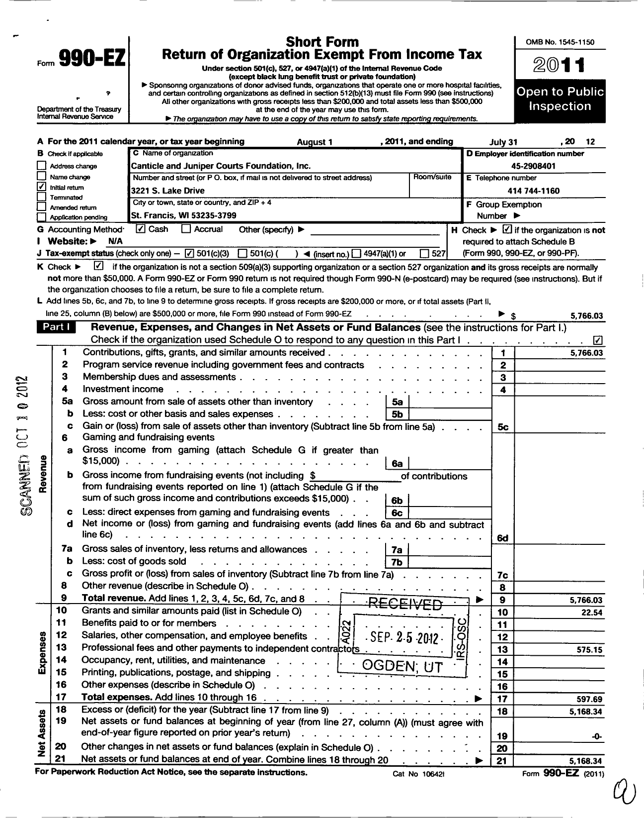 Image of first page of 2011 Form 990EZ for Canticle and Juniper Courts Foundation