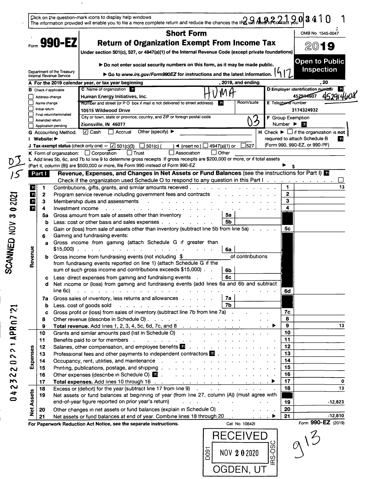 Image of first page of 2019 Form 990EZ for Human Energy Initiatives