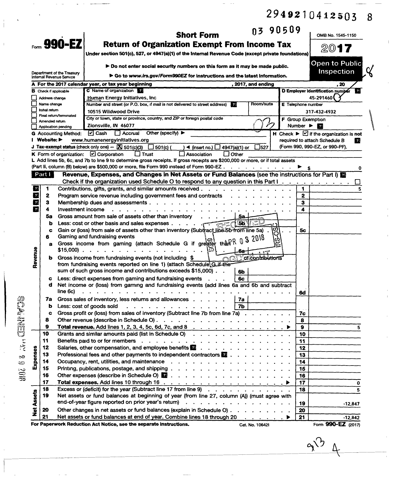 Image of first page of 2017 Form 990EZ for Human Energy Initiatives