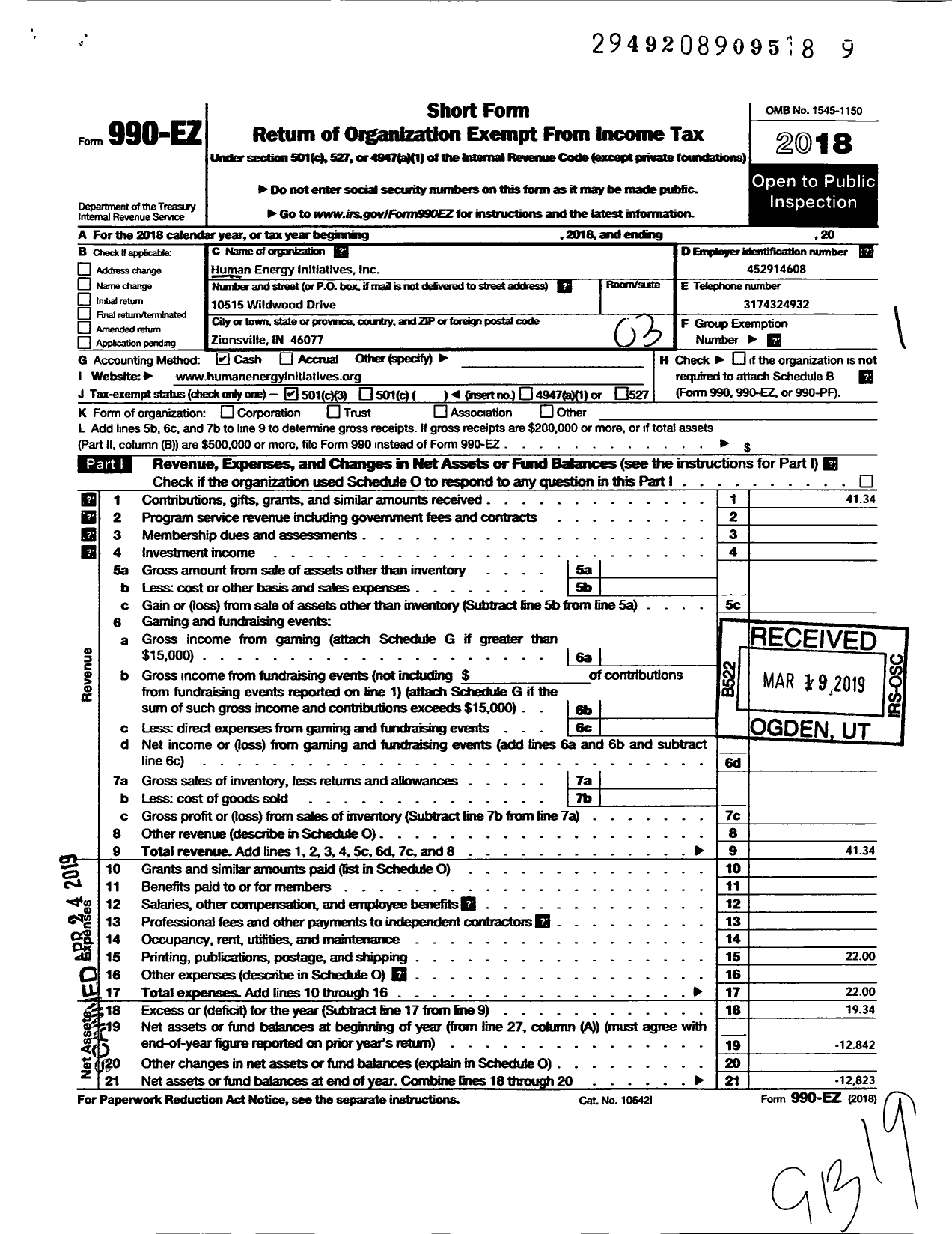 Image of first page of 2018 Form 990EZ for Human Energy Initiatives