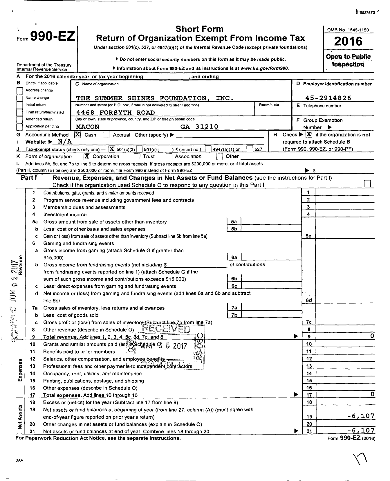 Image of first page of 2016 Form 990EZ for The Summer Shines Foundation