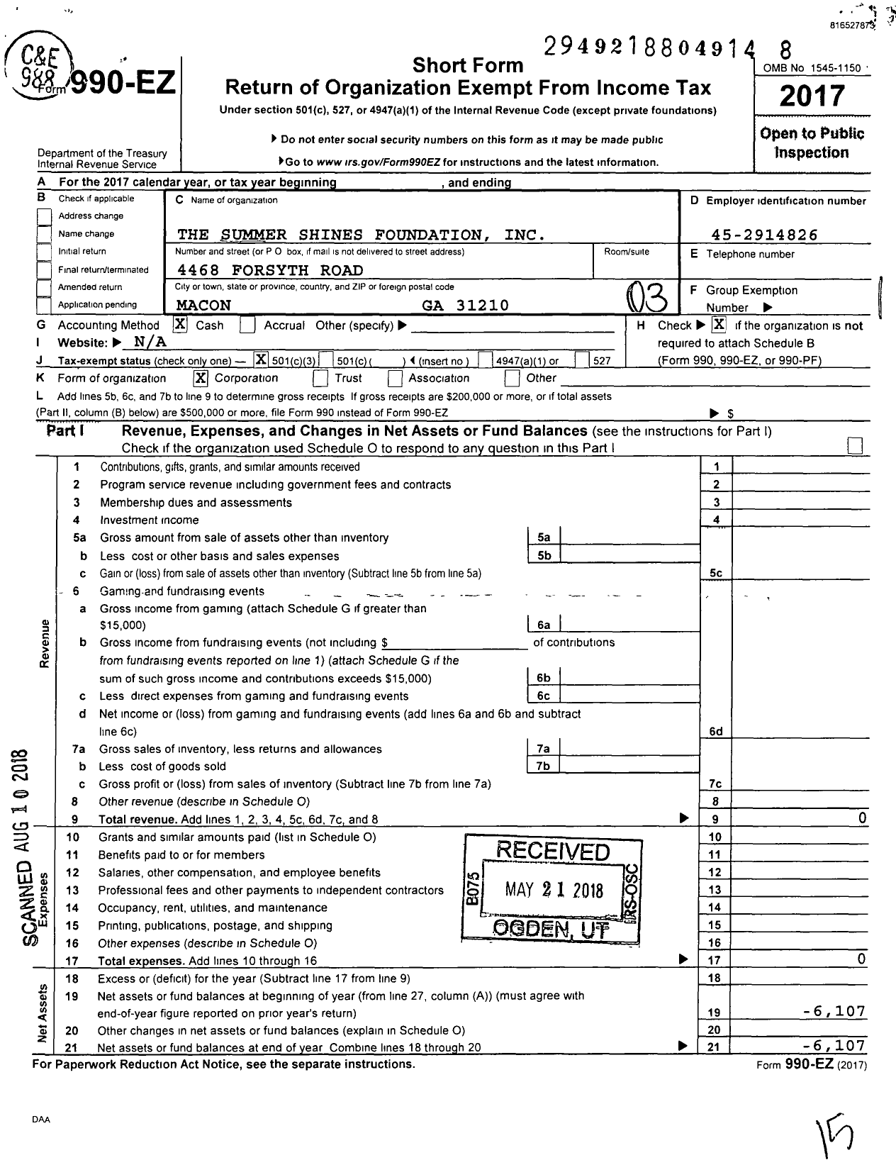 Image of first page of 2017 Form 990EZ for The Summer Shines Foundation