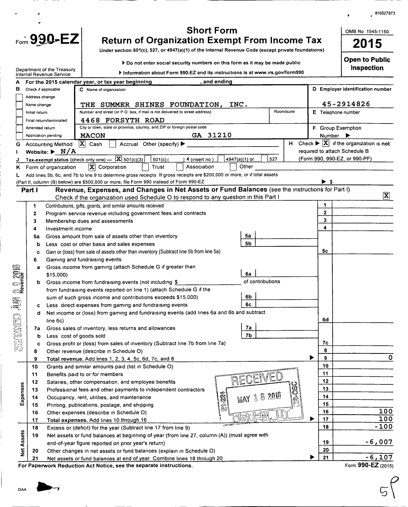 Image of first page of 2015 Form 990EZ for The Summer Shines Foundation