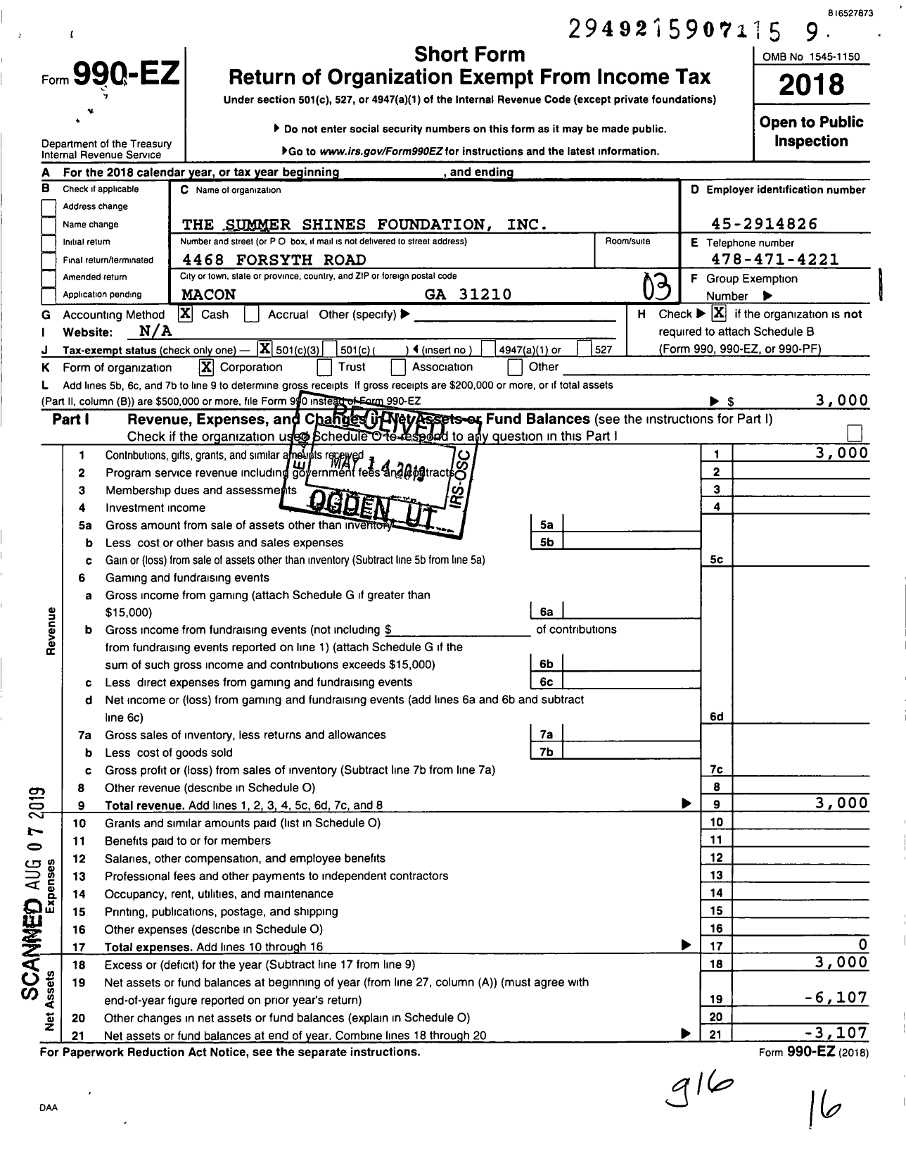 Image of first page of 2018 Form 990EZ for The Summer Shines Foundation