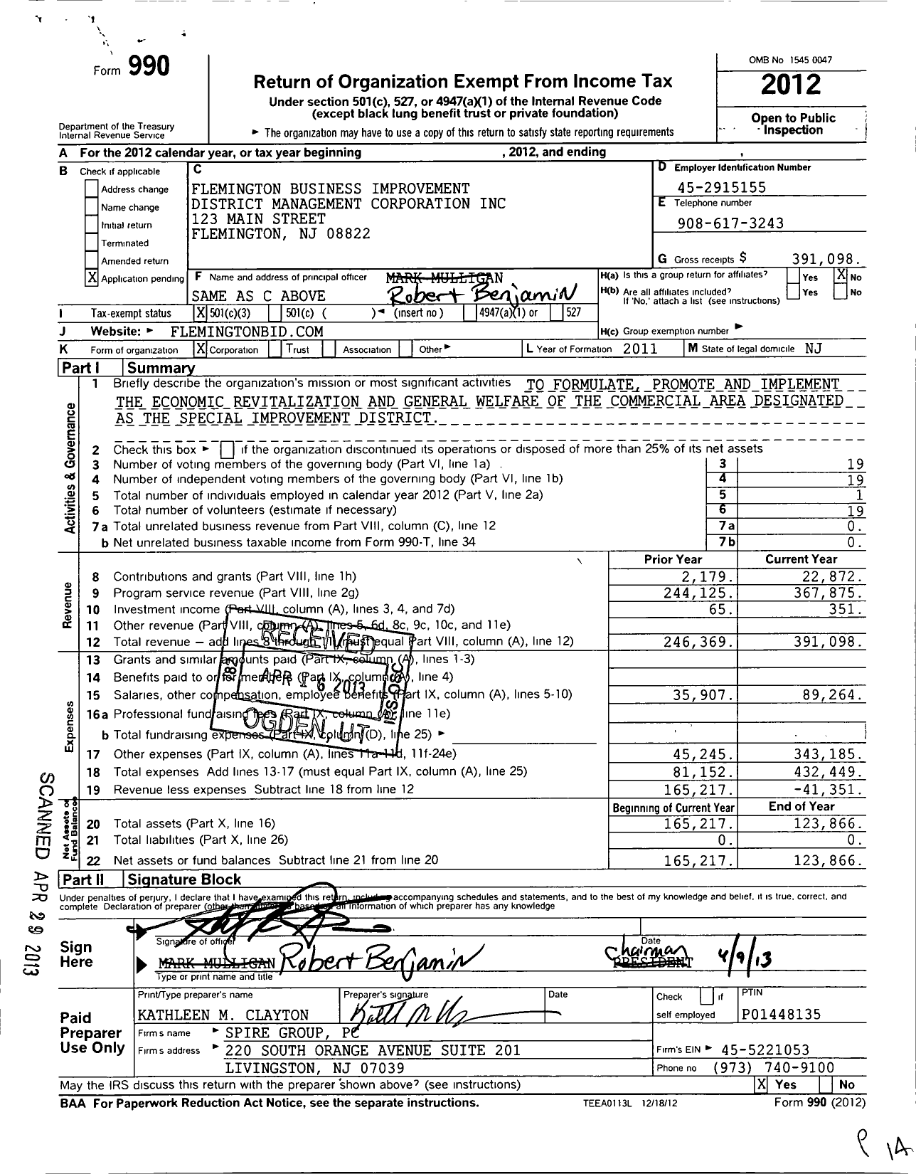 Image of first page of 2012 Form 990 for Flemington Business Improvement