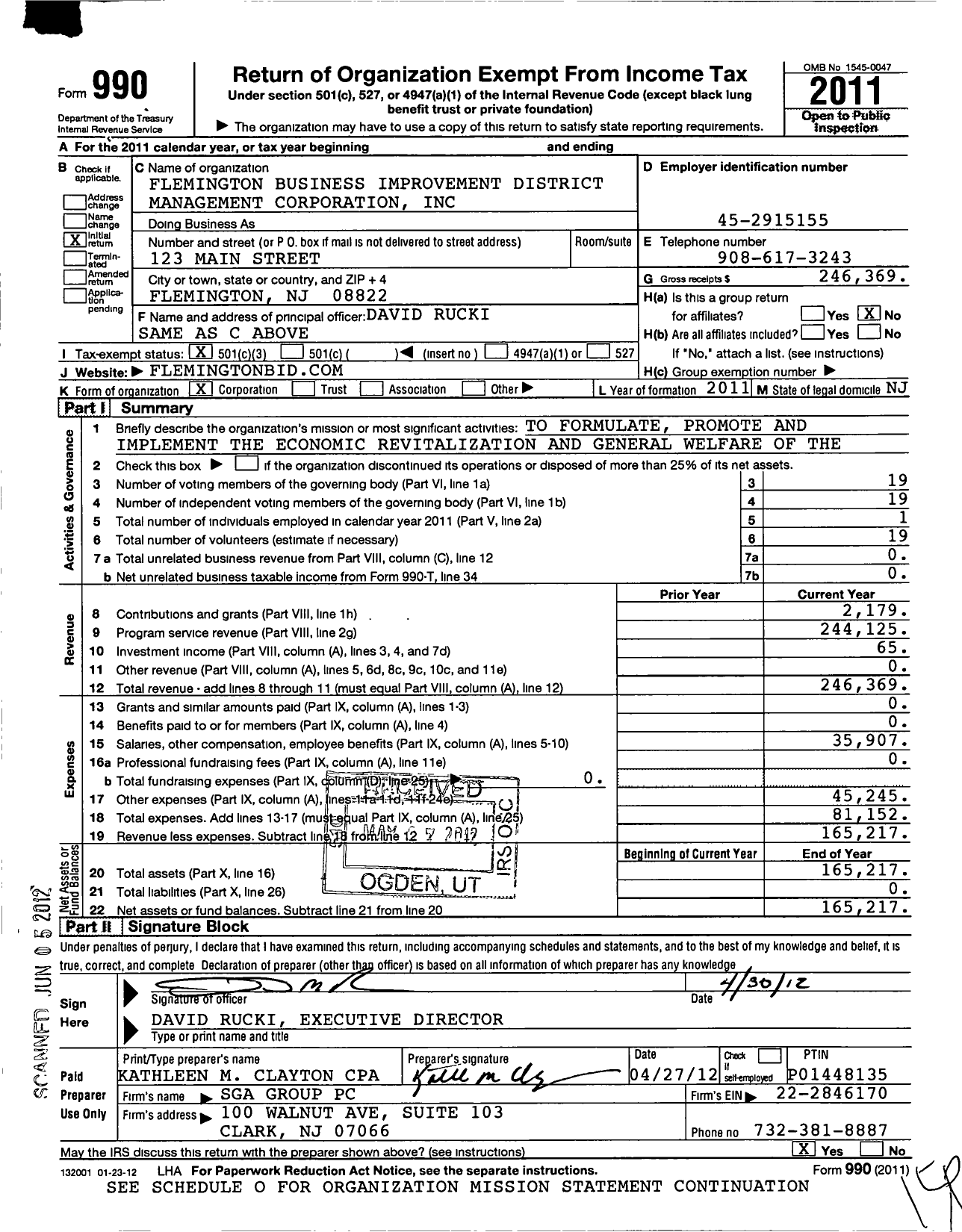 Image of first page of 2011 Form 990 for Flemington Business Improvement