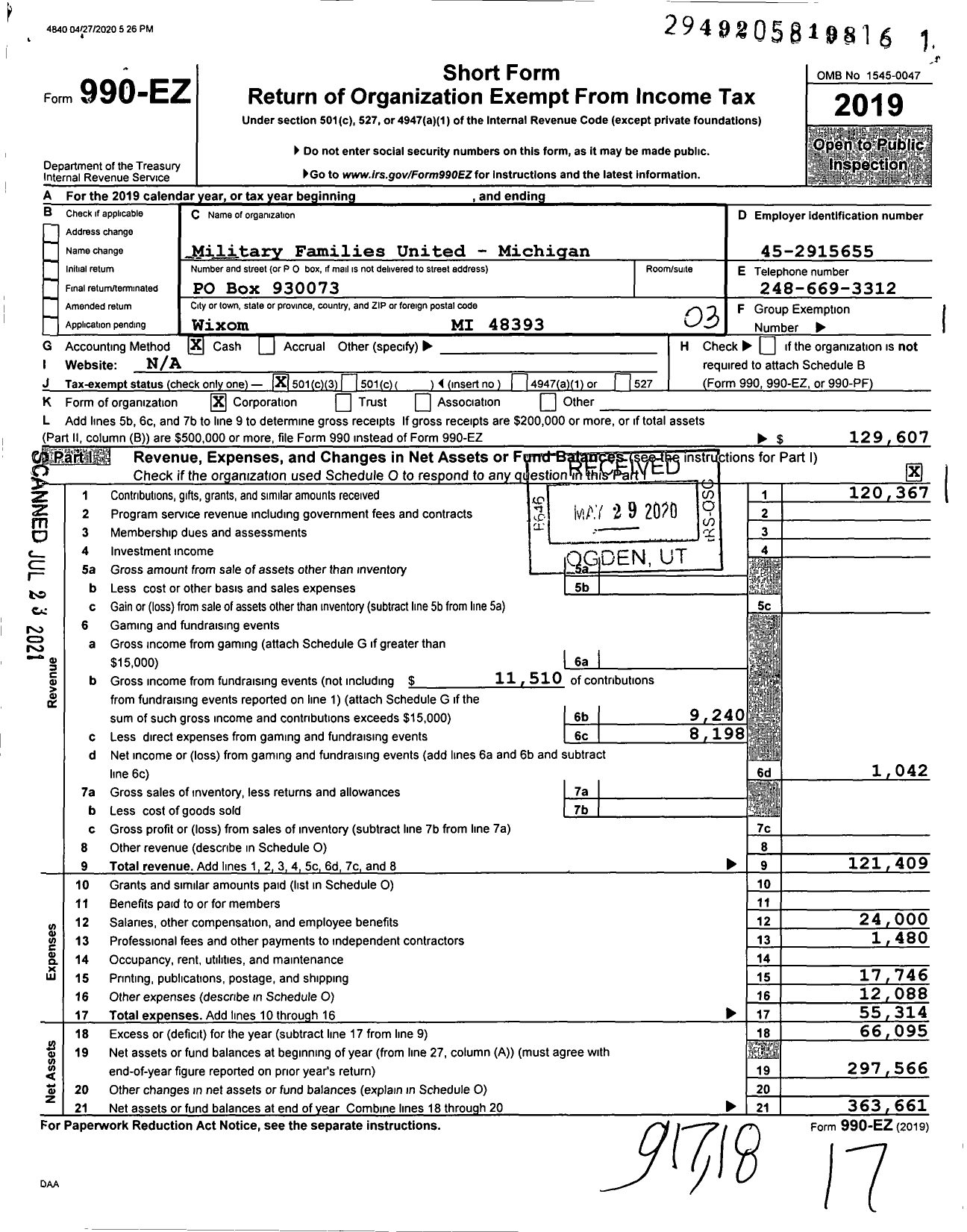 Image of first page of 2019 Form 990EZ for Military Families United - Michigan