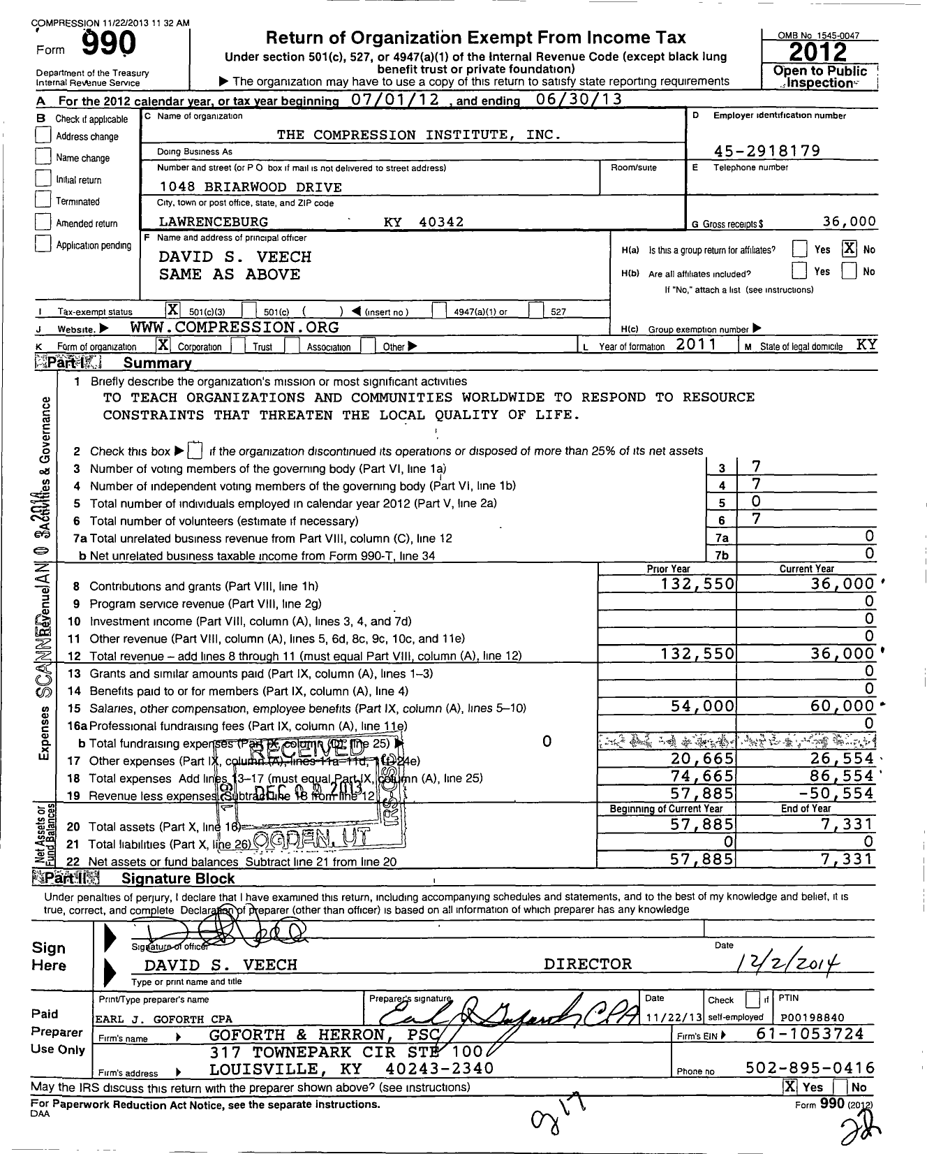 Image of first page of 2012 Form 990 for Compression Institute