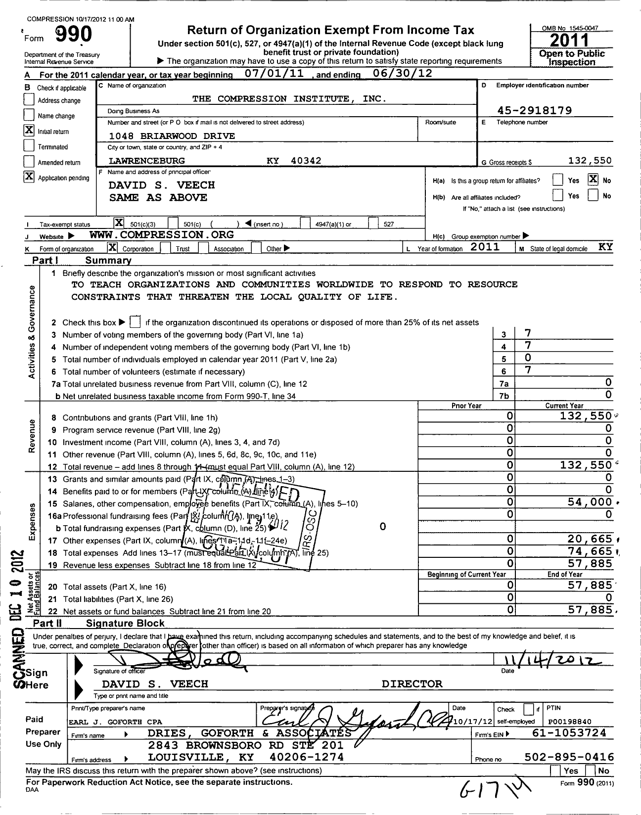 Image of first page of 2011 Form 990 for Compression Institute