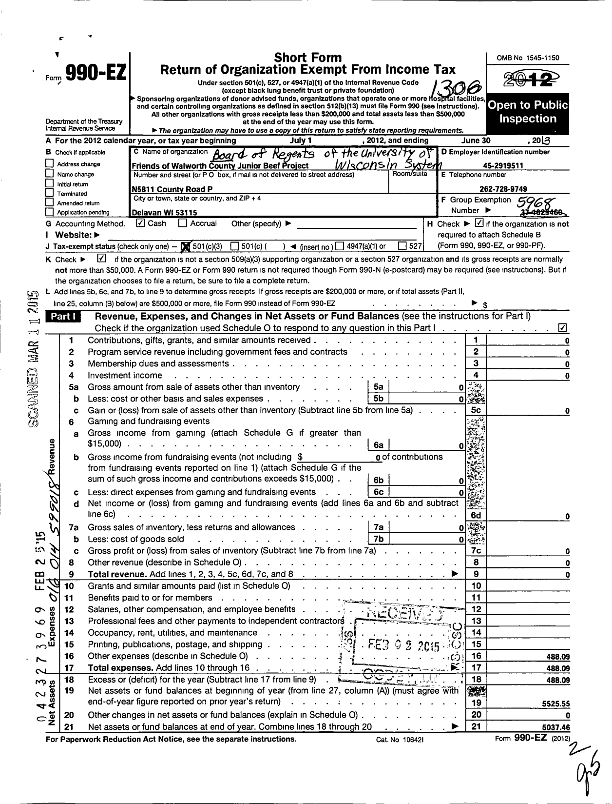 Image of first page of 2012 Form 990EZ for Board of Regents of the University of Wisconsin System / Friends of Walworth Co Beef Project