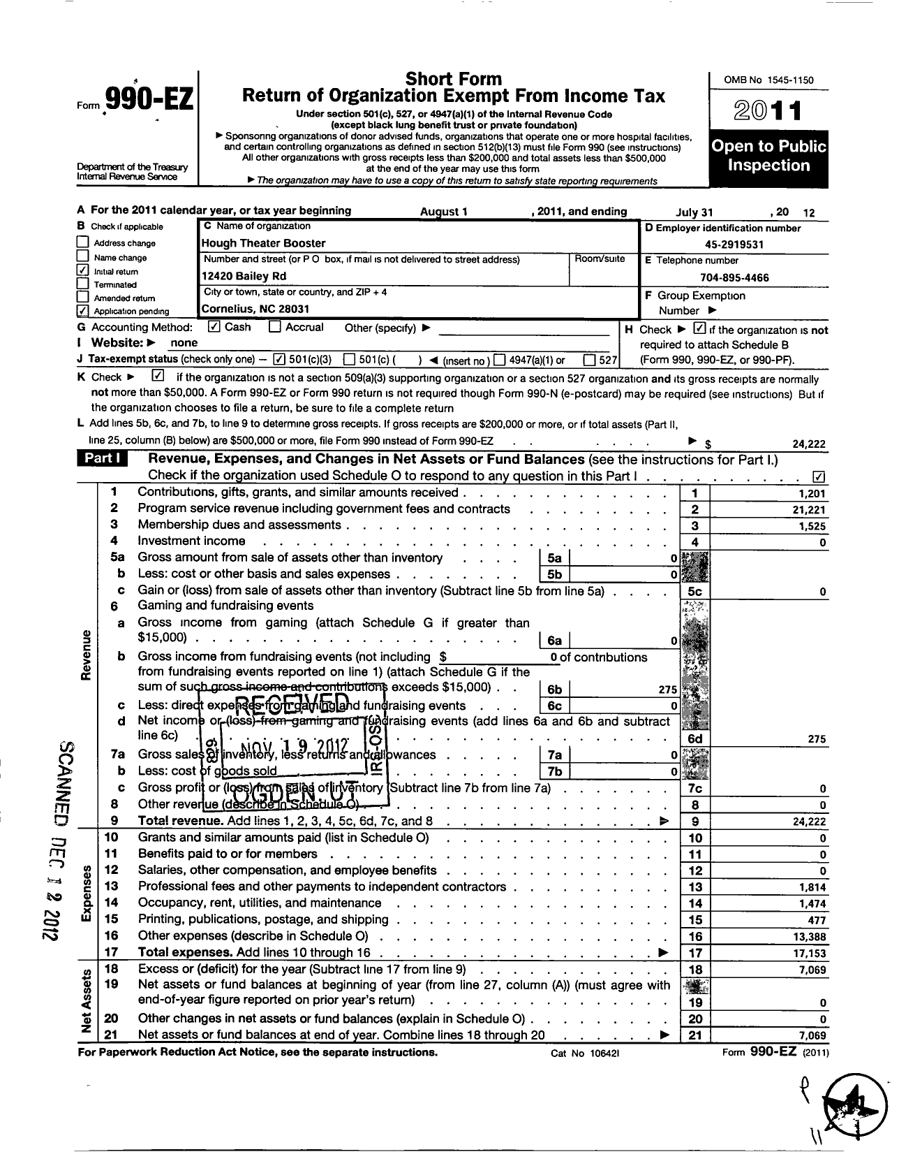 Image of first page of 2011 Form 990EZ for Hough Theater Booster