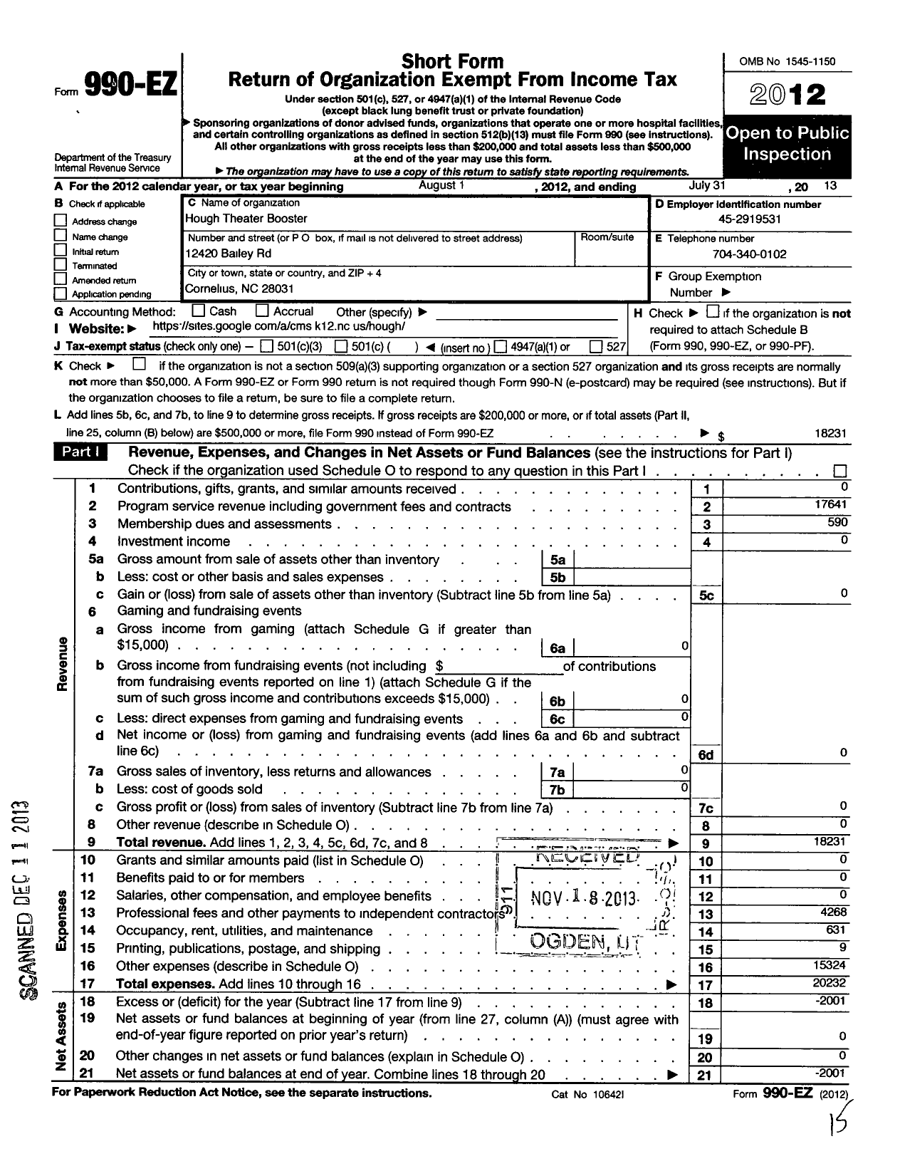 Image of first page of 2012 Form 990EO for Hough Theater Booster