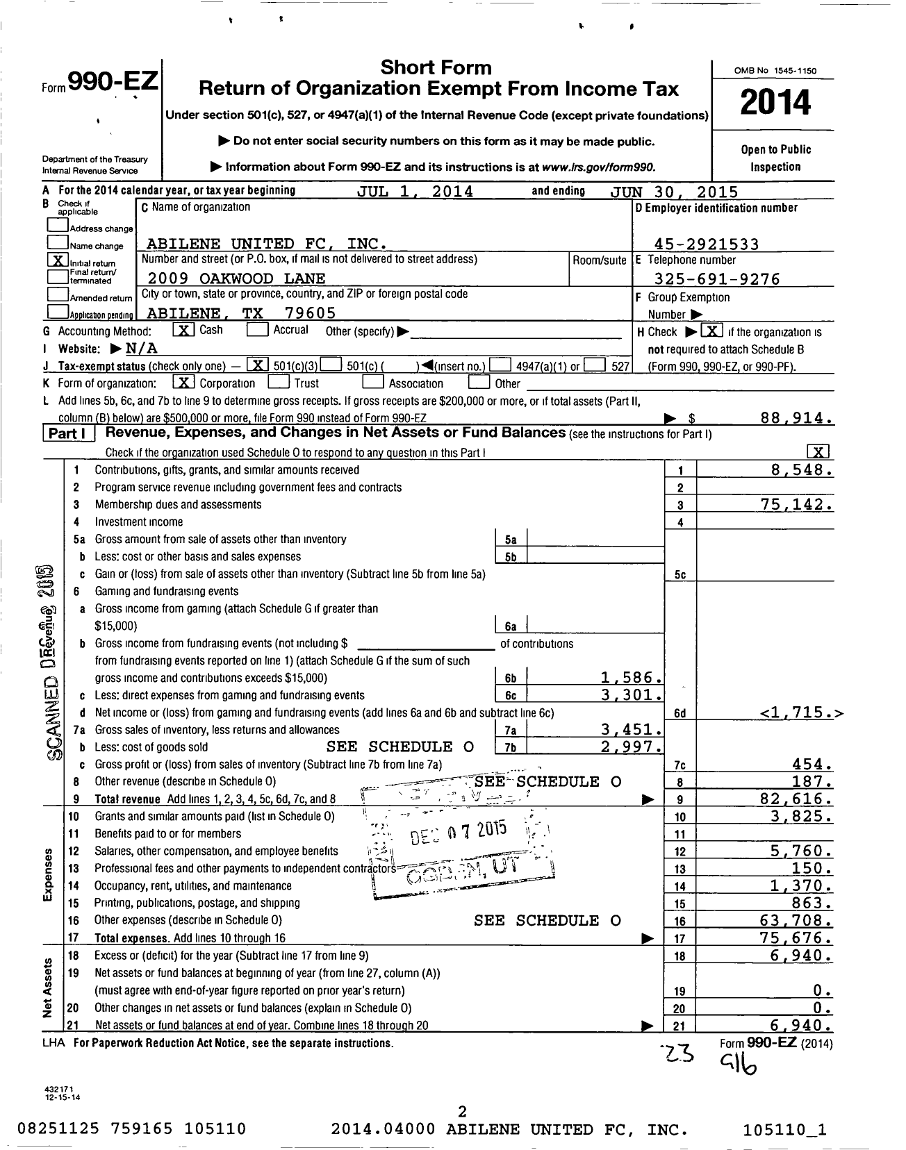 Image of first page of 2014 Form 990EZ for Abilene United Futbol Club