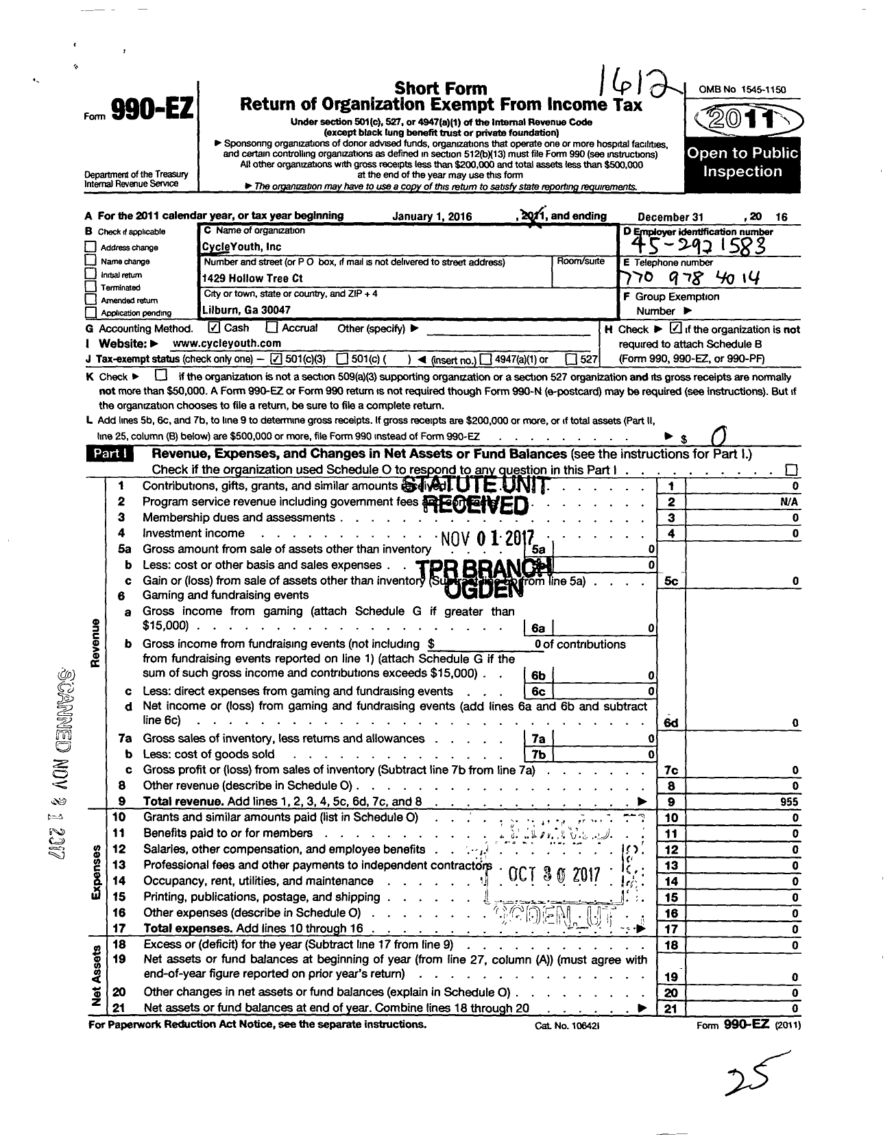 Image of first page of 2016 Form 990EZ for Cycleyouth