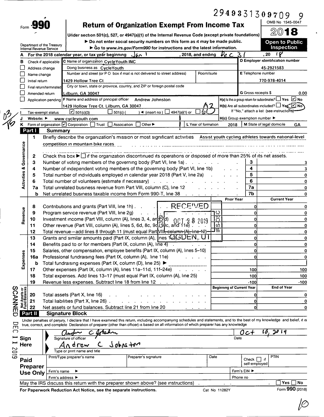 Image of first page of 2018 Form 990 for Cycleyouth