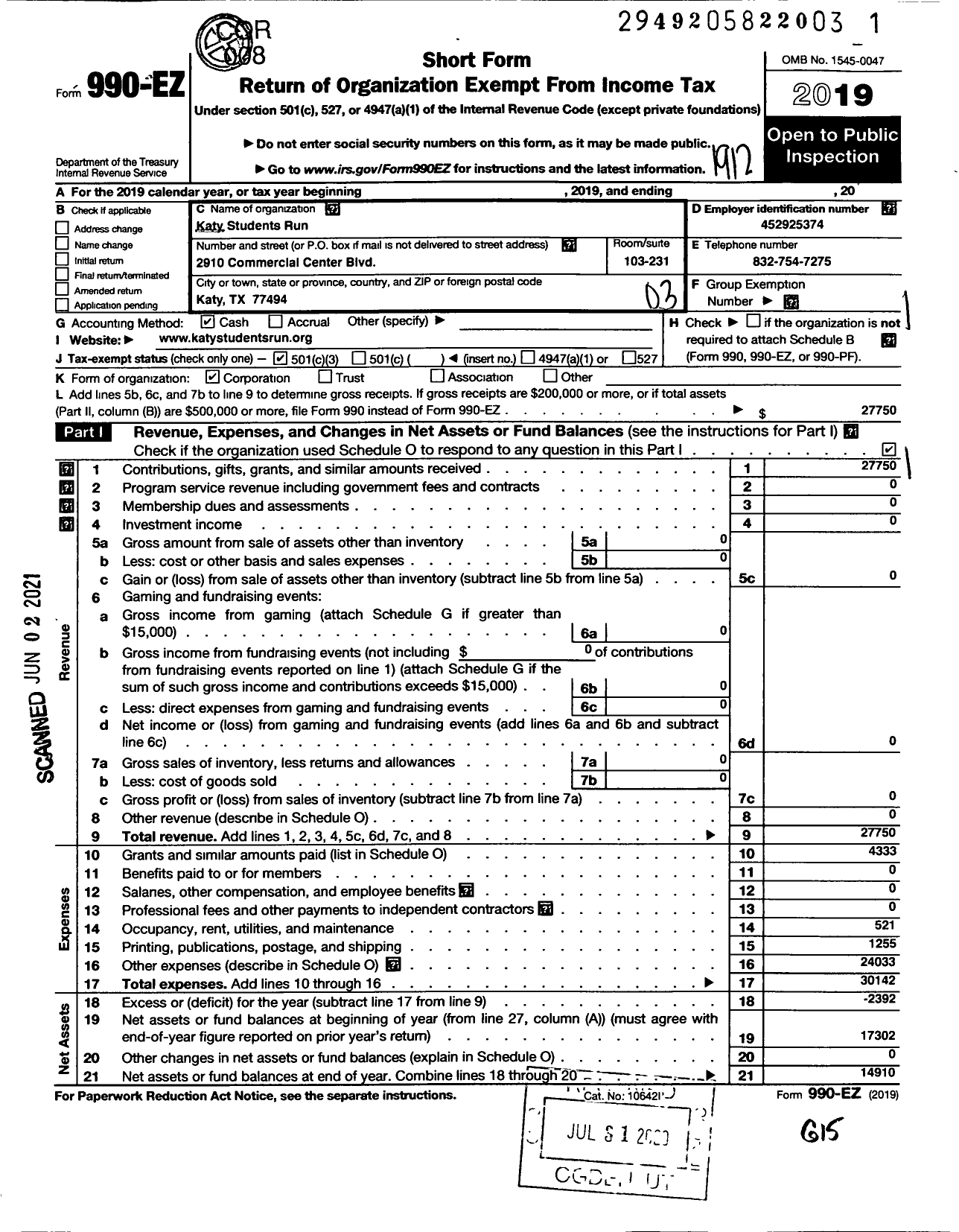 Image of first page of 2019 Form 990EZ for Katy Students Run