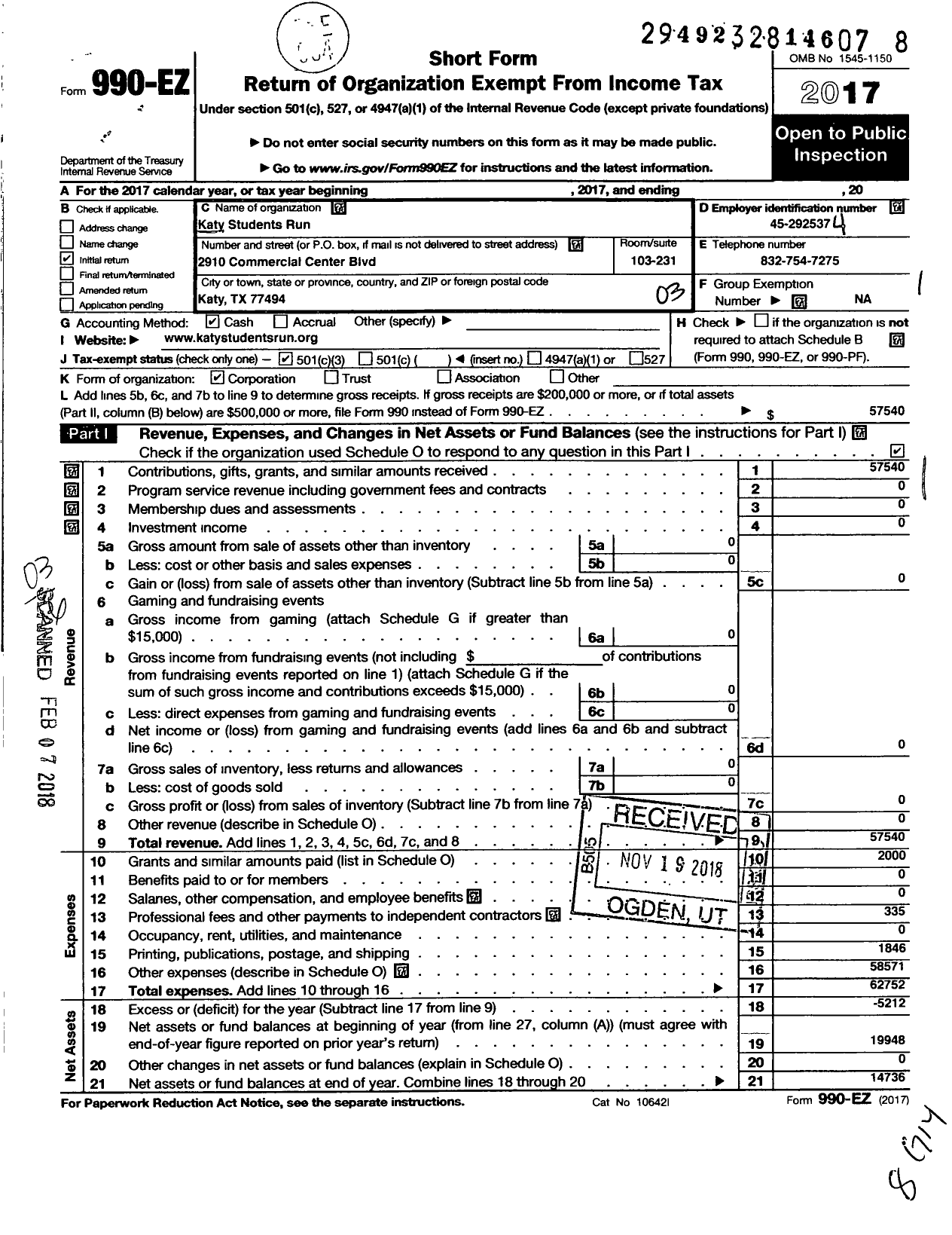 Image of first page of 2017 Form 990EZ for Katy Students Run