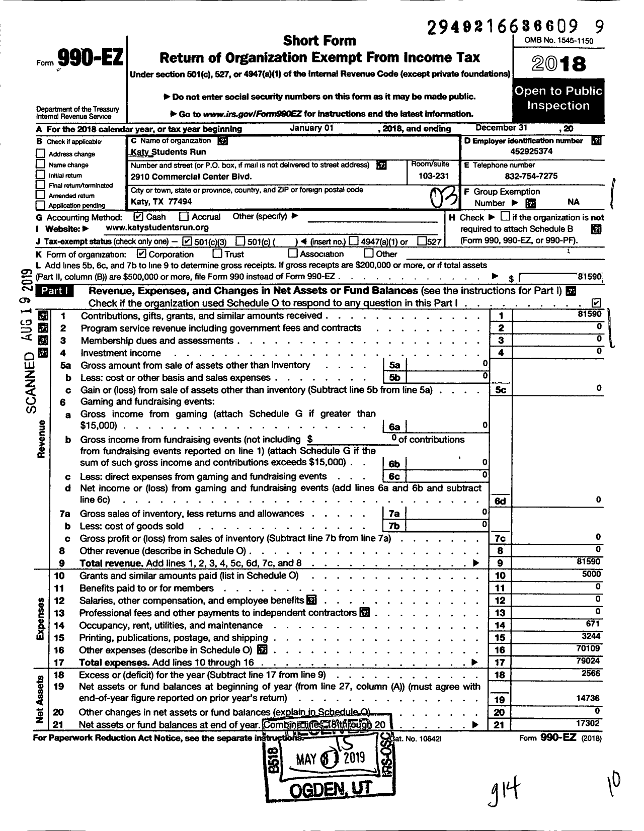 Image of first page of 2018 Form 990EZ for Katy Students Run