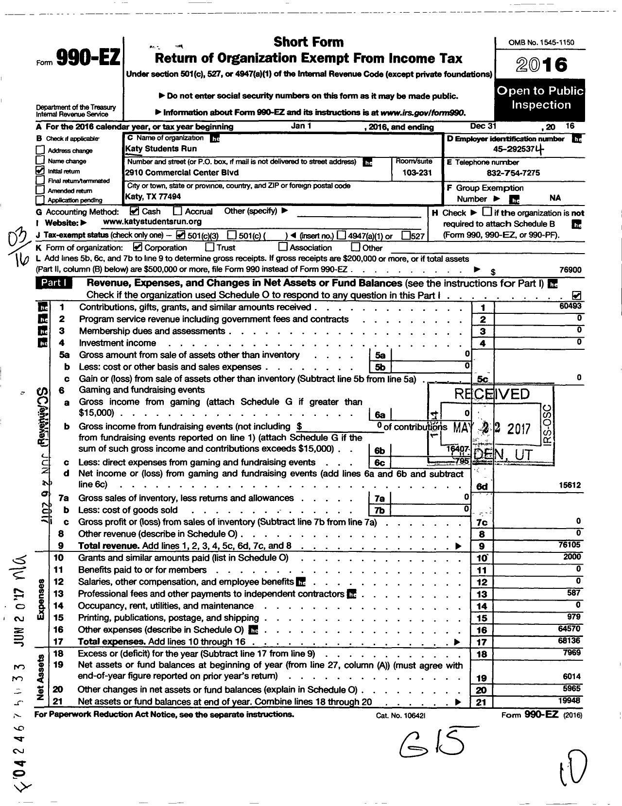 Image of first page of 2016 Form 990EZ for Katy Students Run