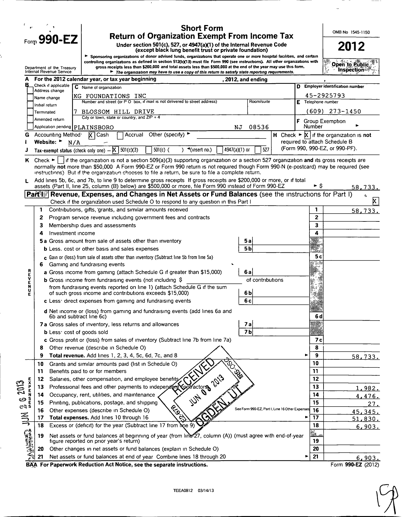 Image of first page of 2012 Form 990EZ for KG Foundations