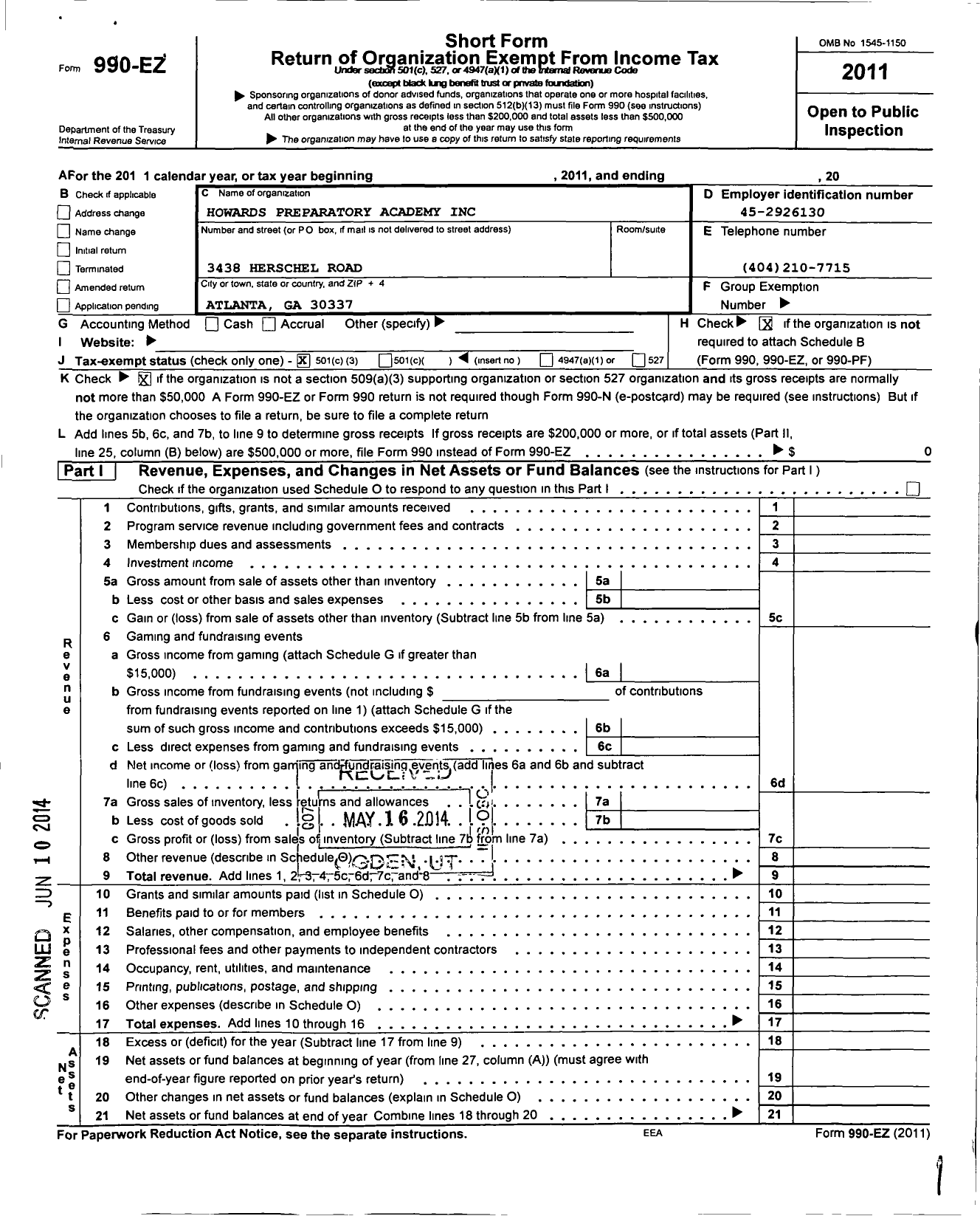 Image of first page of 2011 Form 990EZ for Howards Preparatory Academy