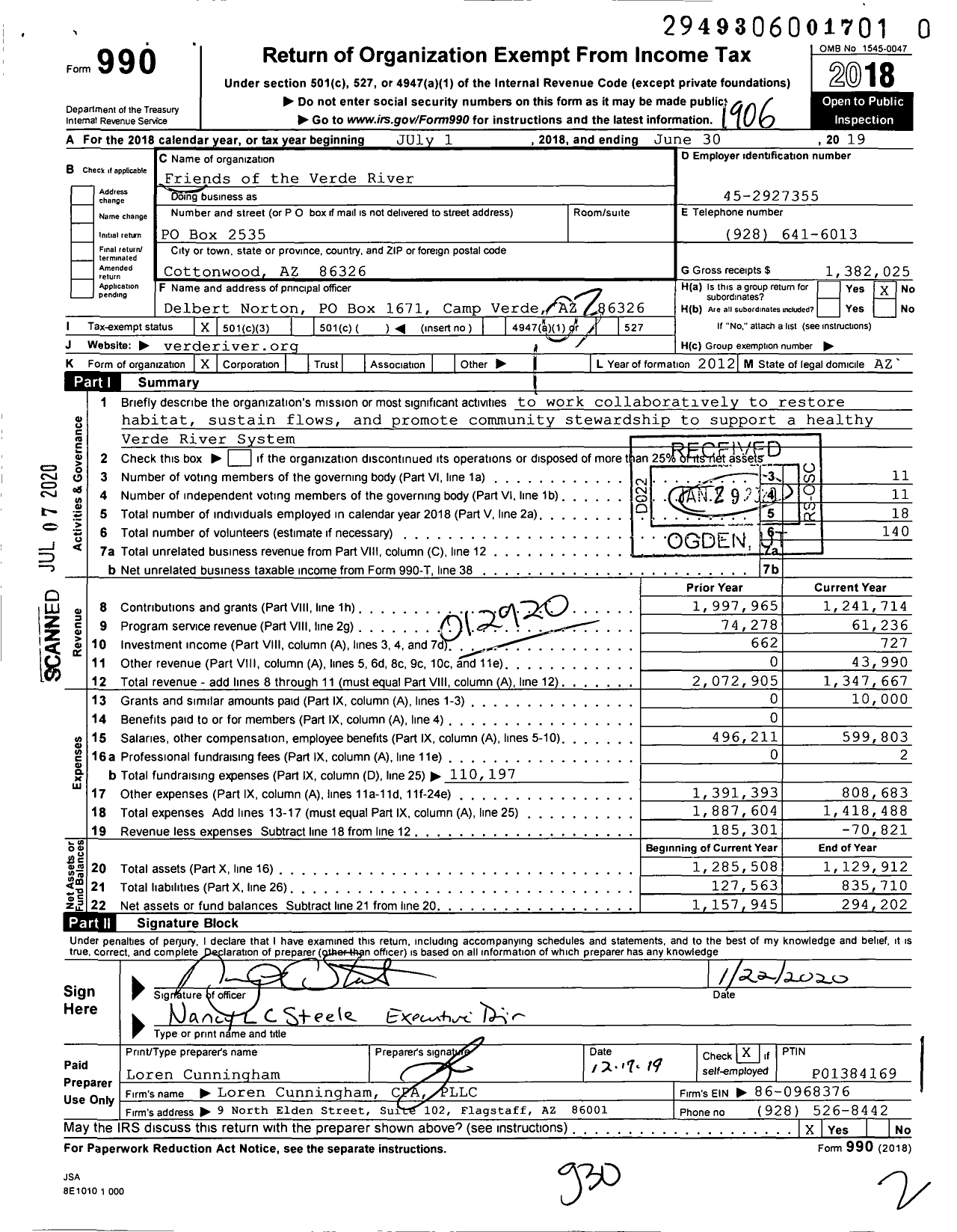 Image of first page of 2018 Form 990 for Friends of the Verde River