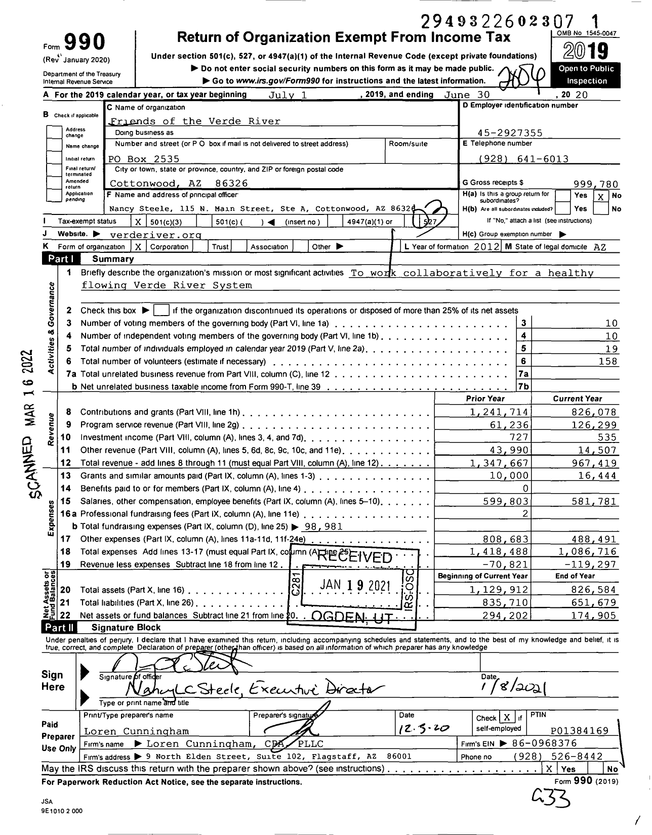 Image of first page of 2019 Form 990 for Friends of the Verde River