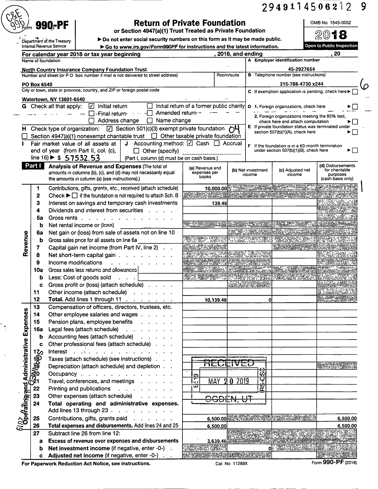 Image of first page of 2018 Form 990PF for North Country Insurance Company Foundation Trust