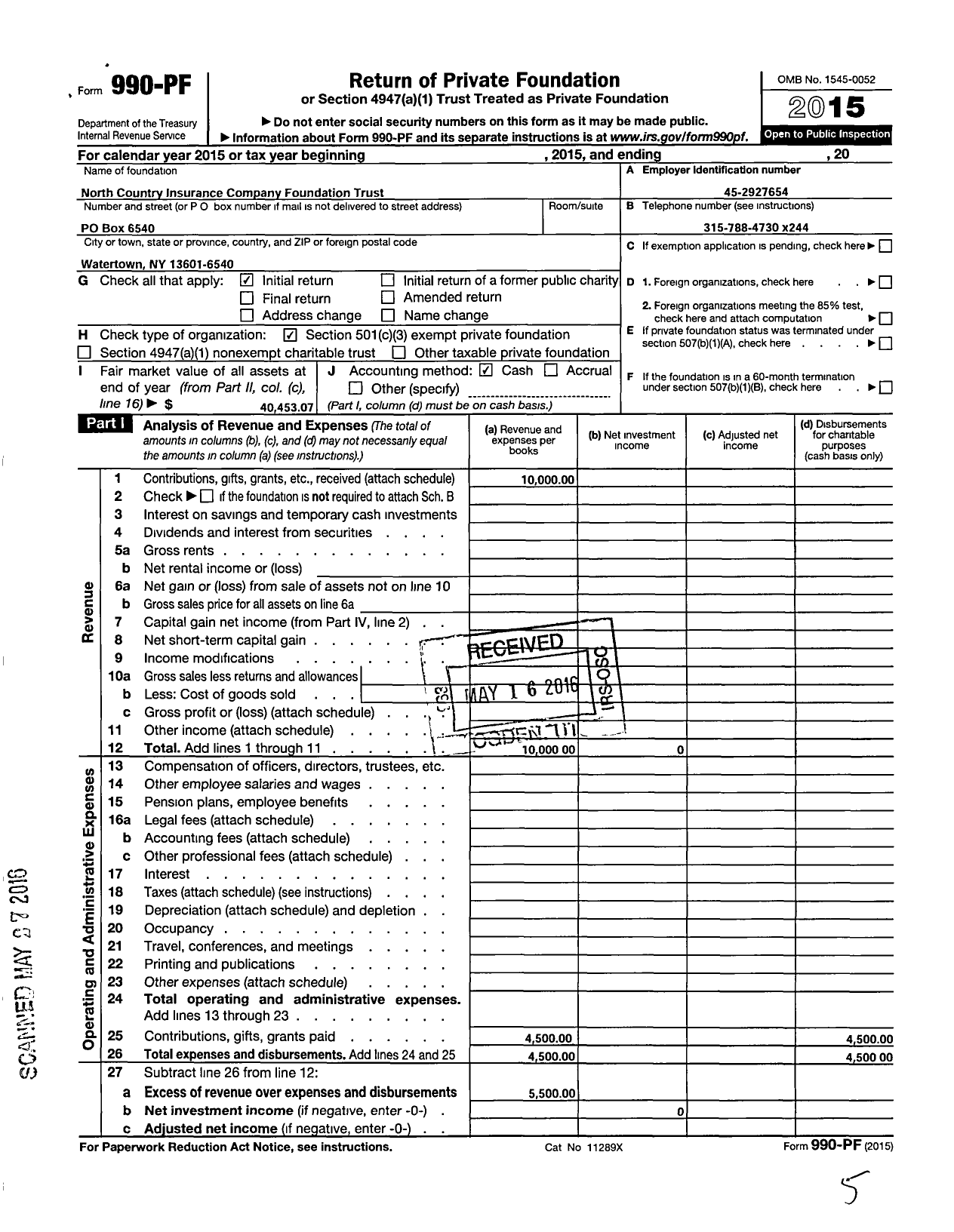 Image of first page of 2015 Form 990PF for North Country Insurance Company Foundation Trust