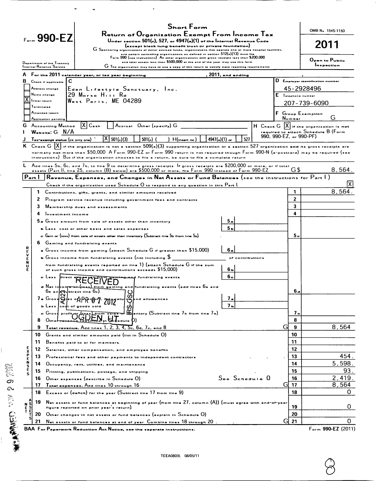 Image of first page of 2011 Form 990EZ for Eden Lifestyle Sanctuary