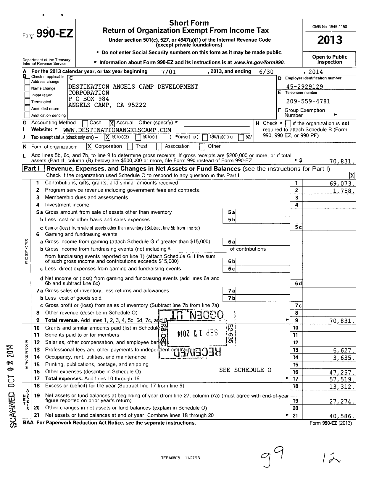 Image of first page of 2013 Form 990EZ for Destination Angels Camp Development Corporation