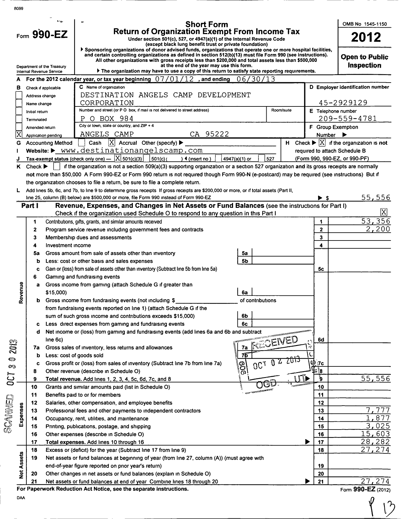 Image of first page of 2012 Form 990EZ for Destination Angels Camp Development Corporation