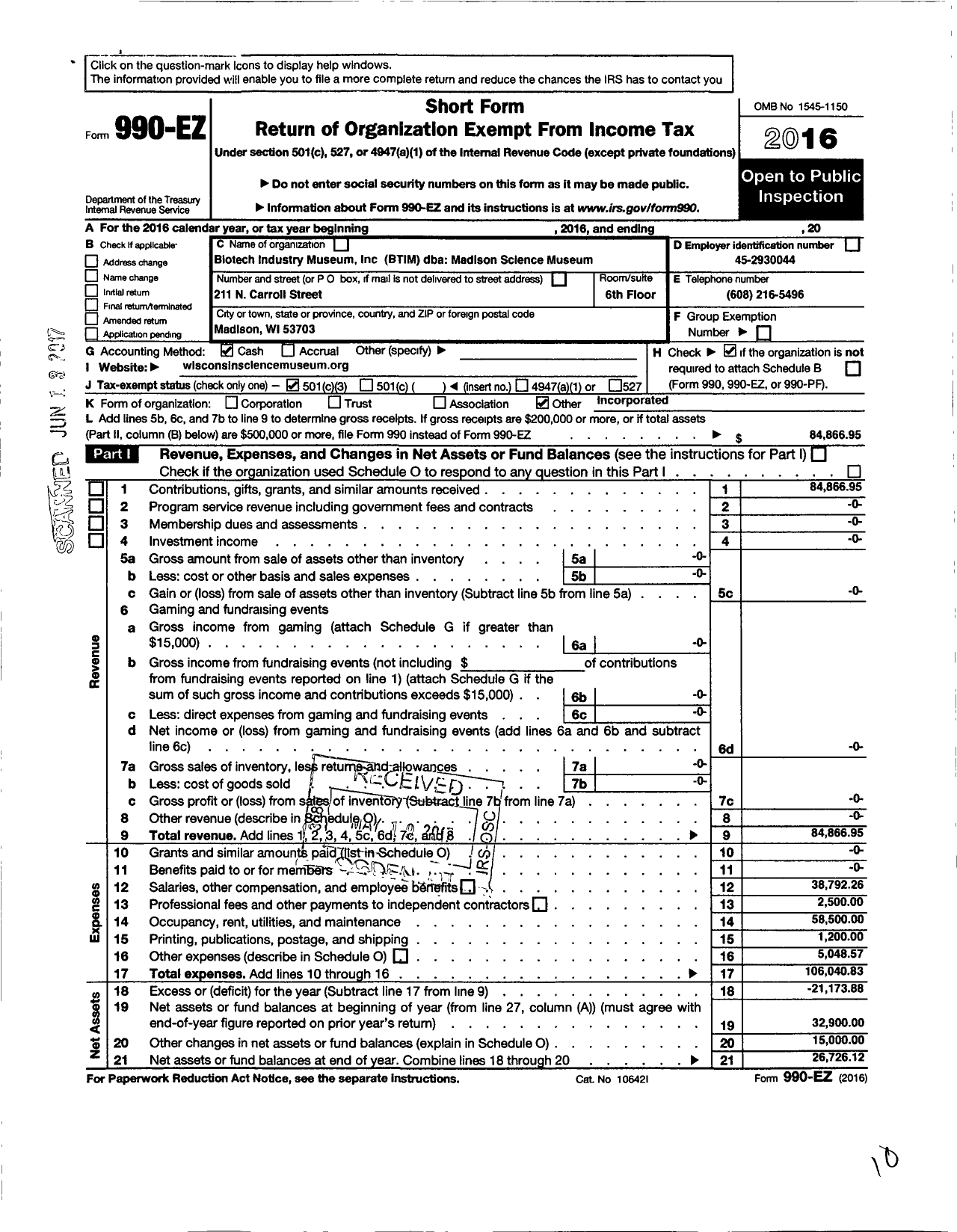 Image of first page of 2016 Form 990EZ for Wisconsin Science Museum