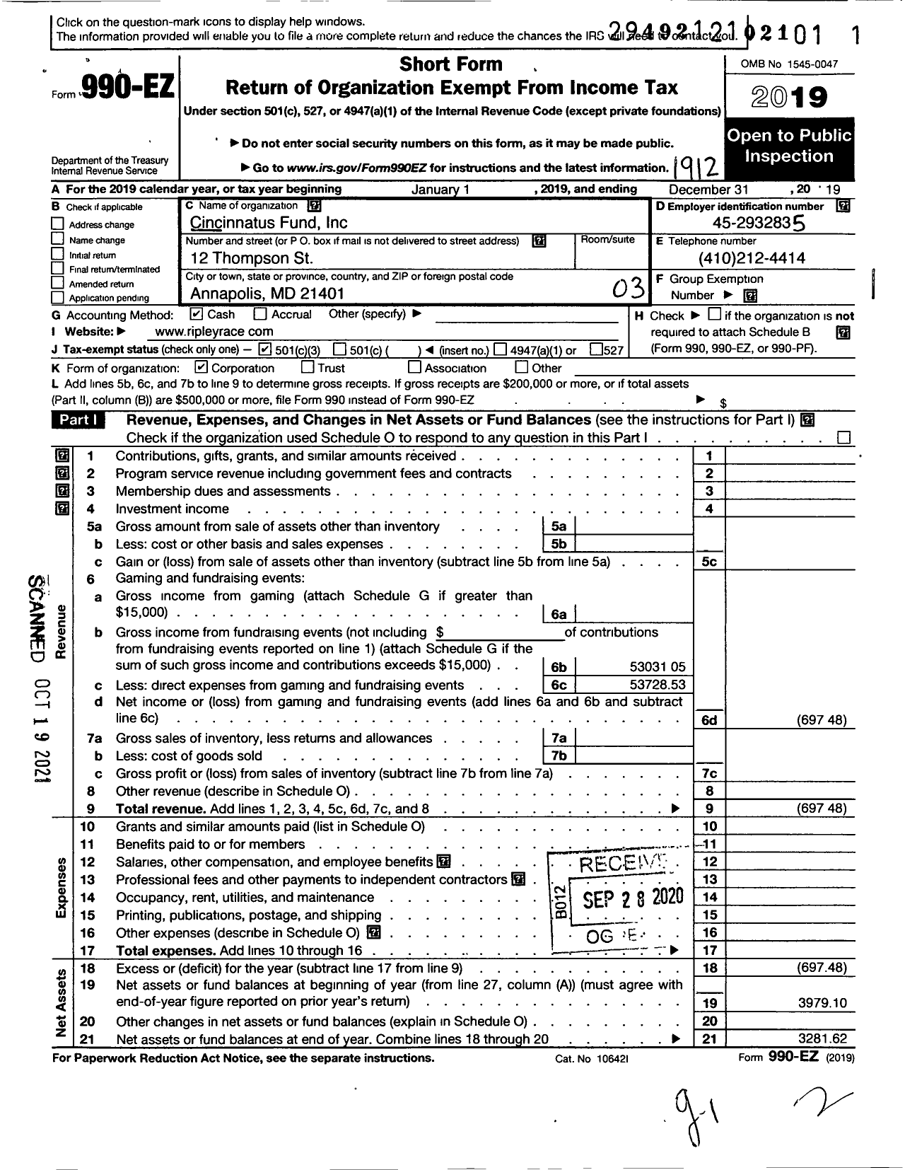 Image of first page of 2019 Form 990EZ for Cincinnatus Fund