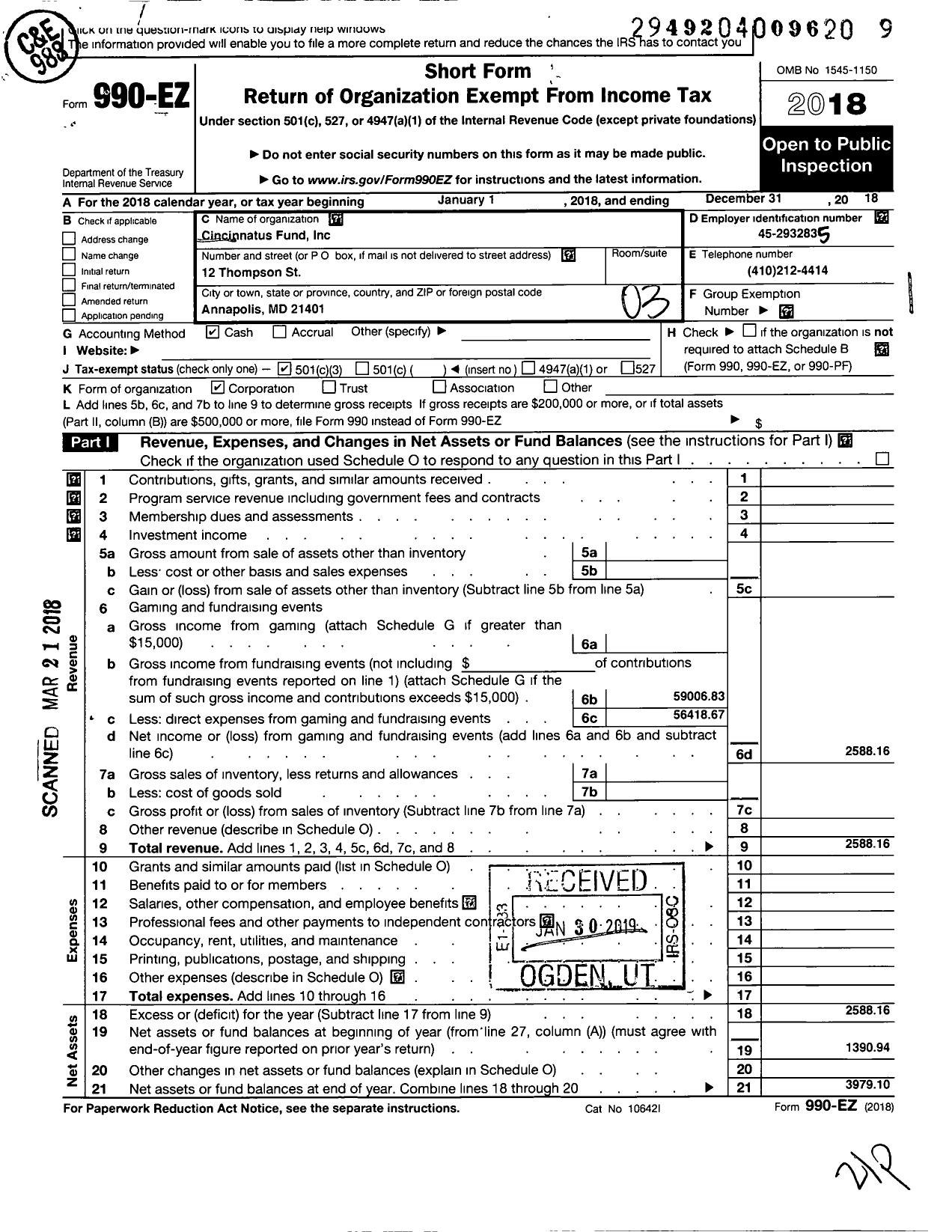 Image of first page of 2018 Form 990EZ for Cincinnatus Fund