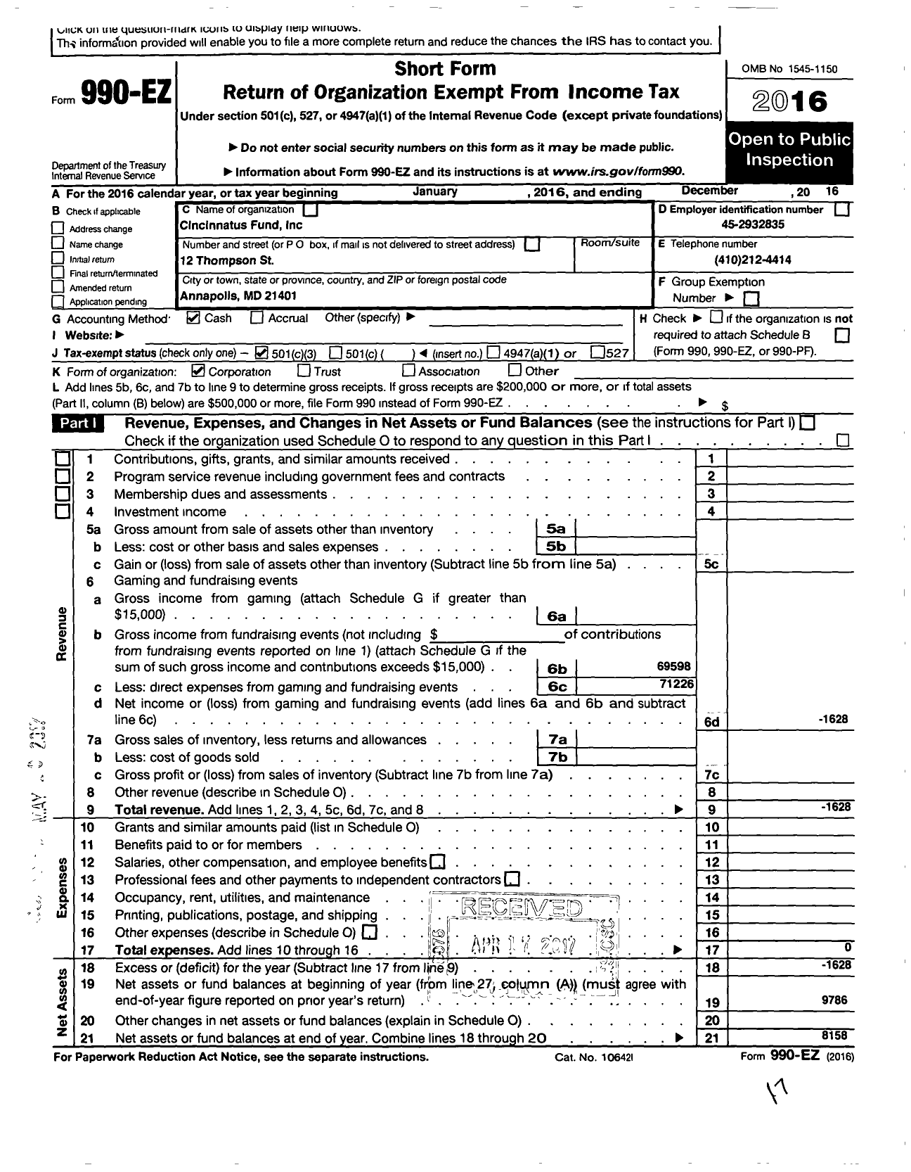 Image of first page of 2016 Form 990EZ for Cincinnatus Fund
