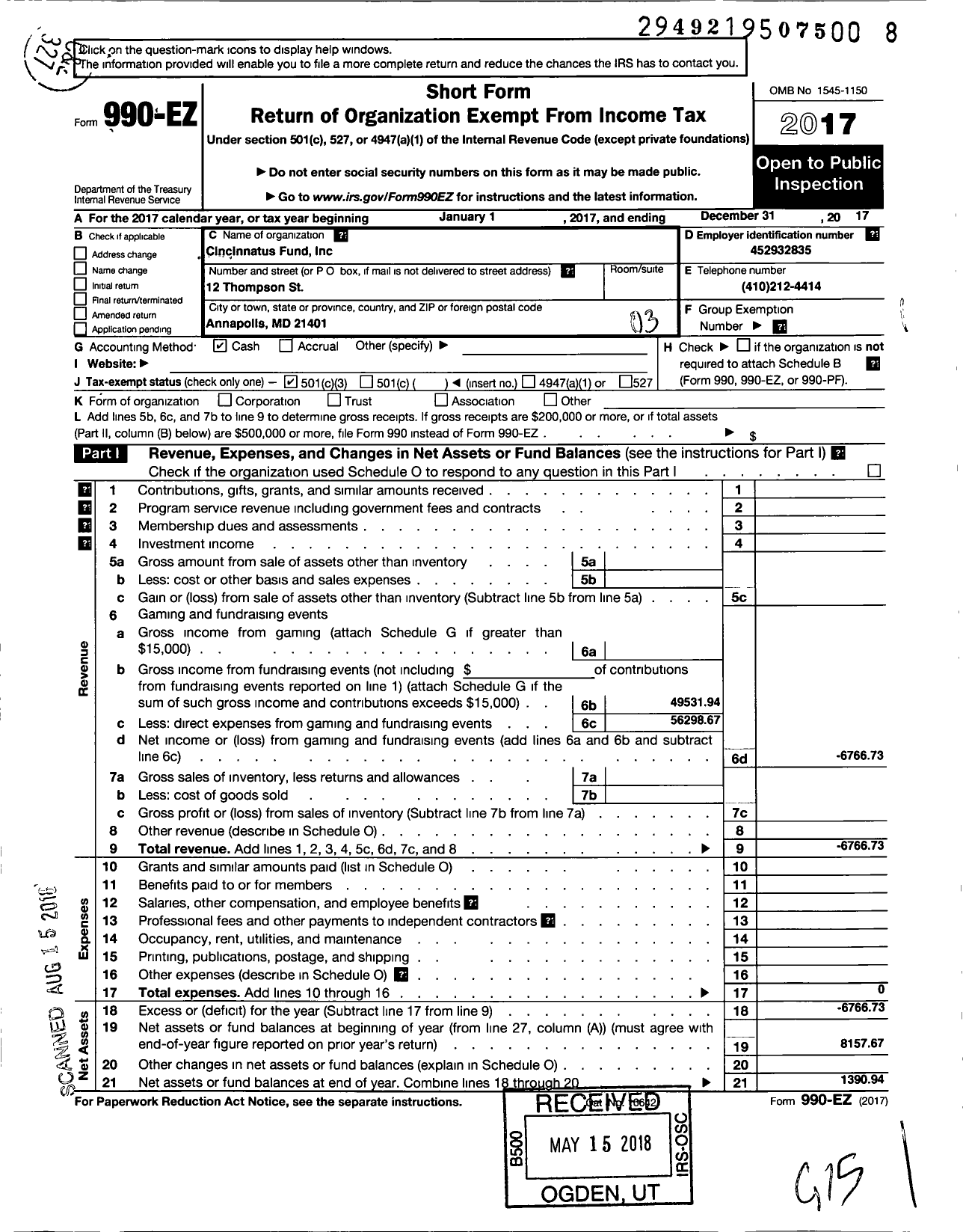 Image of first page of 2017 Form 990EZ for Cincinnatus Fund