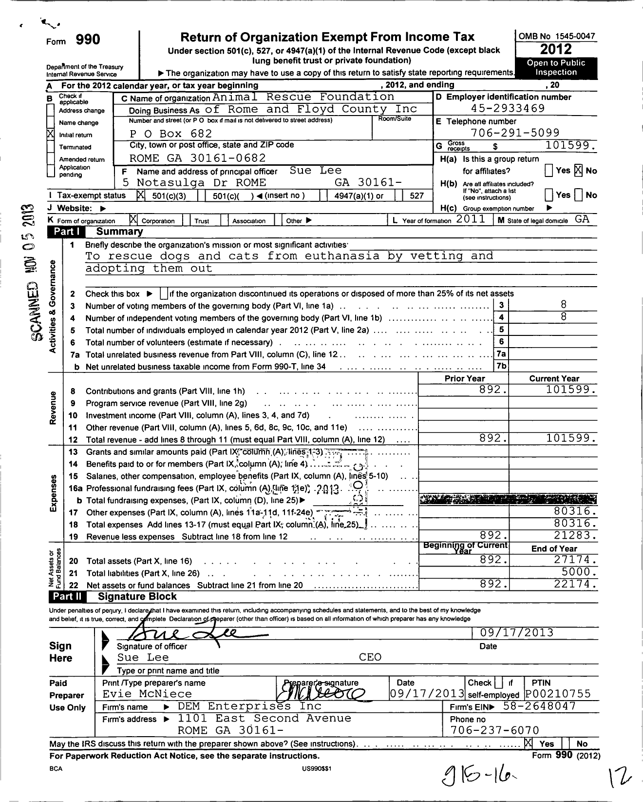 Image of first page of 2012 Form 990 for Animal Rescue Foundation of Rome-Floyd County