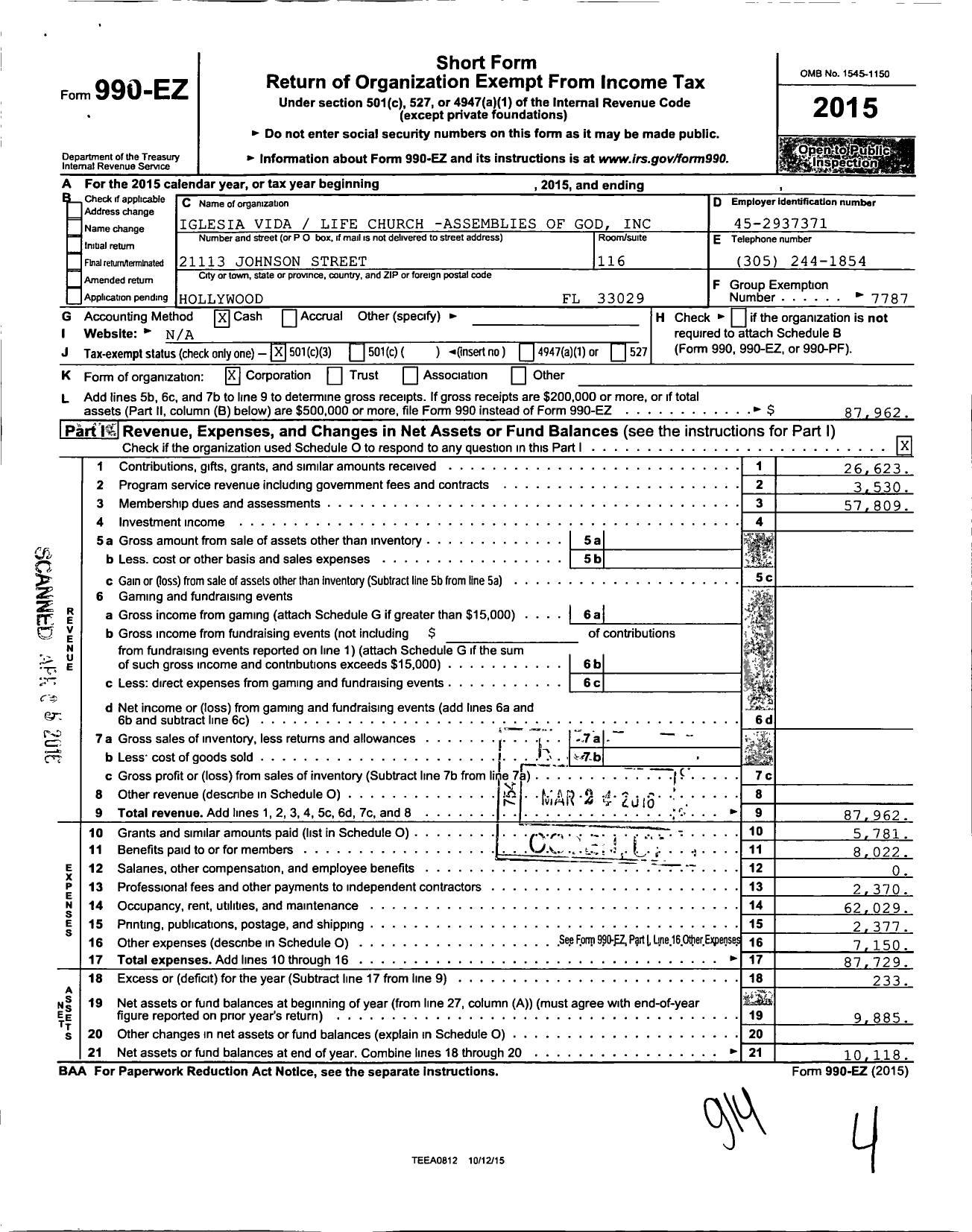 Image of first page of 2015 Form 990EZ for Iglesia Vida Life Church Assemblies of God