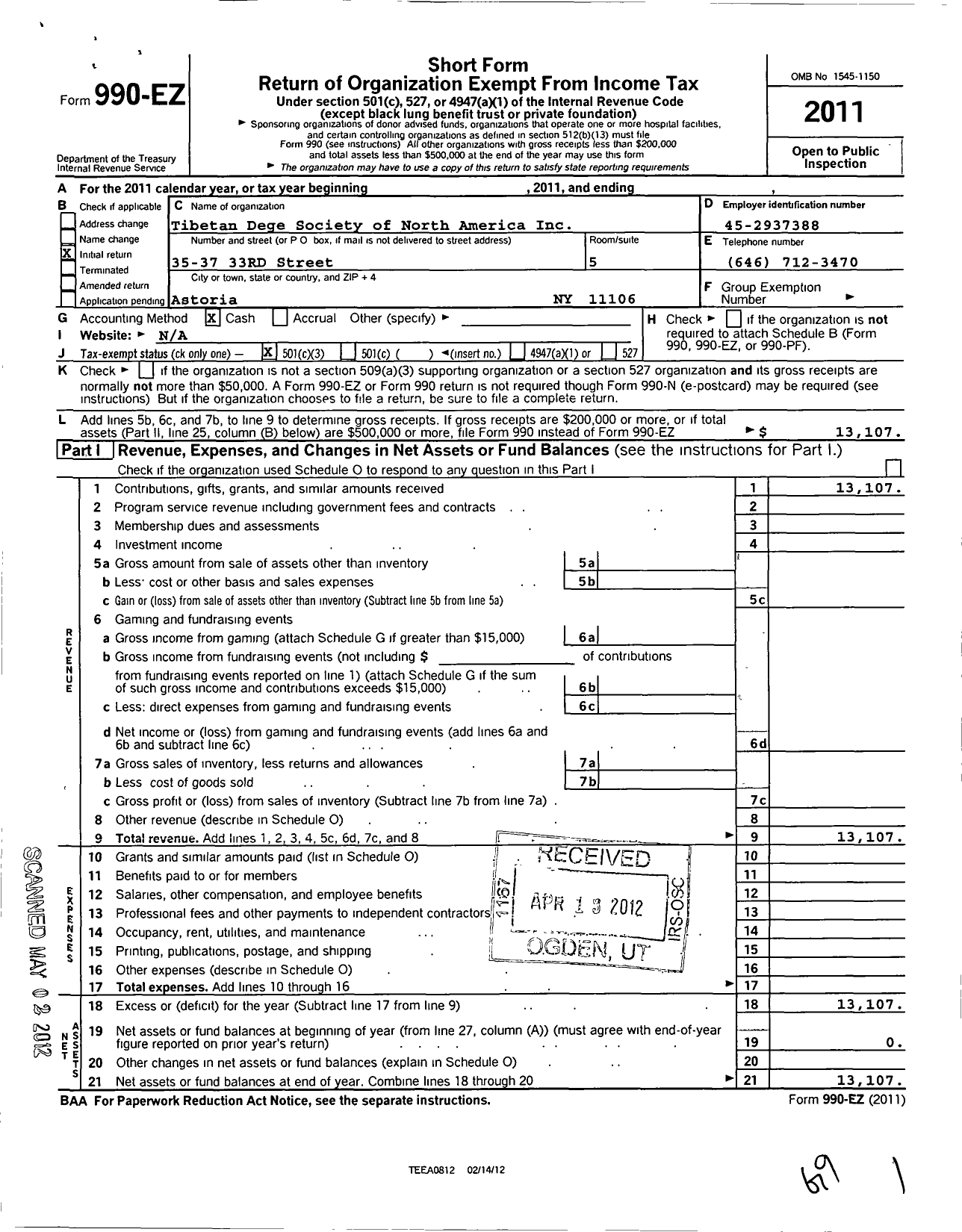 Image of first page of 2011 Form 990EZ for Tibetan Dege Society of North America